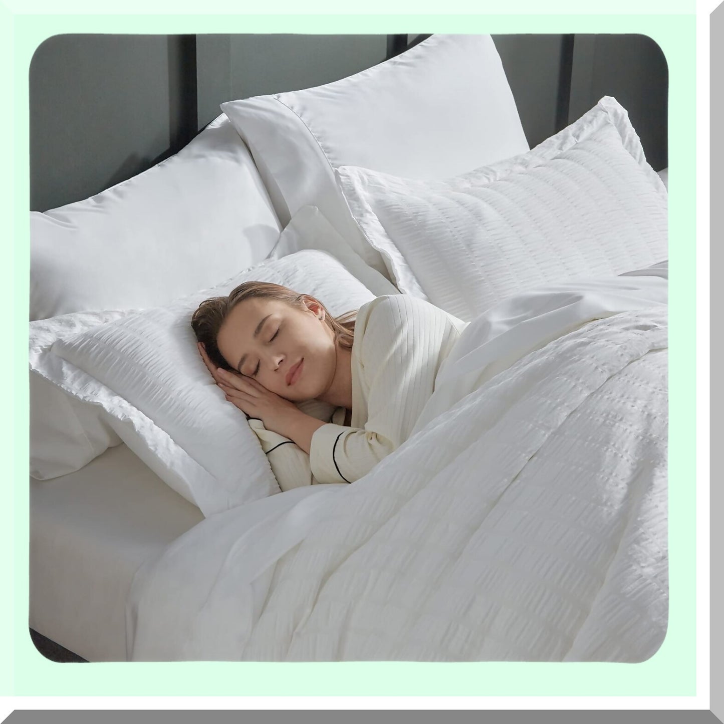 White Seersucker 7-Piece Bedding Set - Queen Size Comforter, Sheets & Pillowcases - All Season Bed in a Bag - Cozy Bedroom Essentials