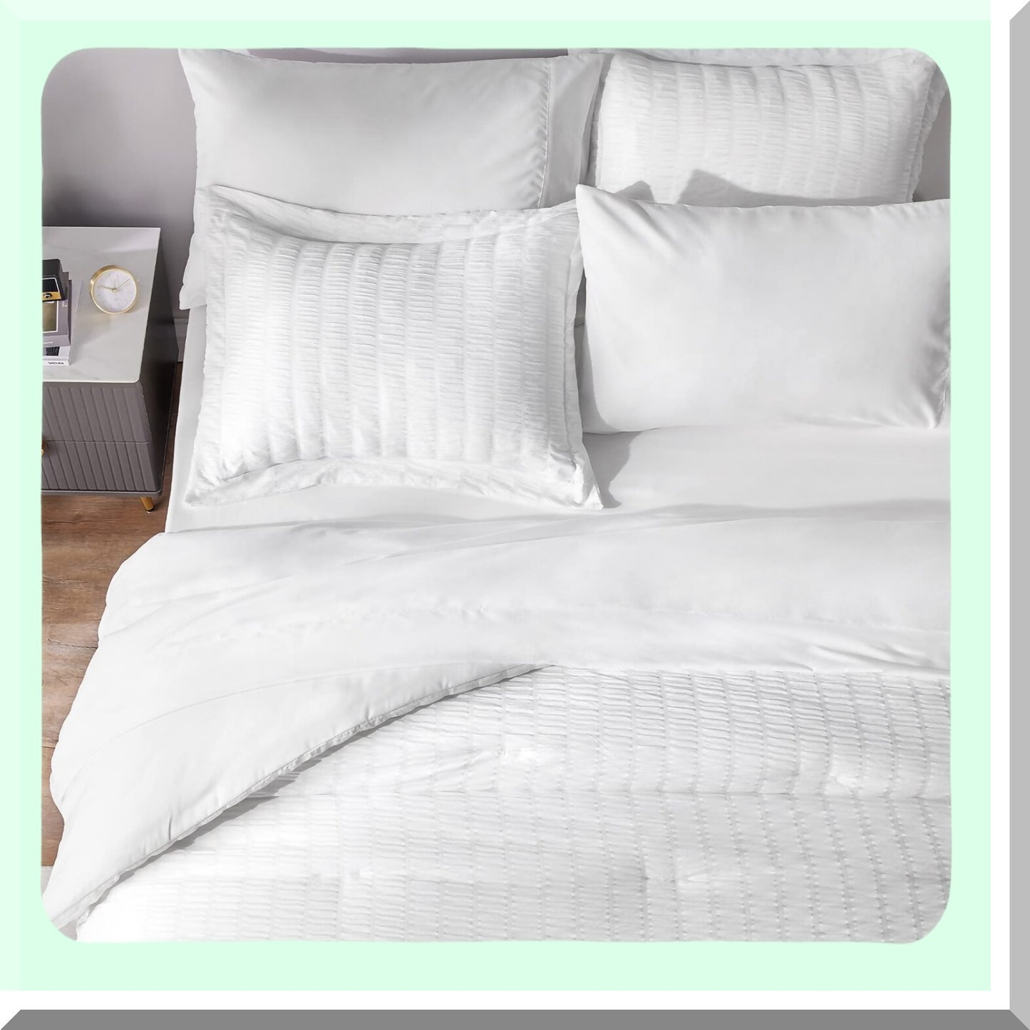 White Seersucker 7-Piece Bedding Set - Queen Size Comforter, Sheets & Pillowcases - All Season Bed in a Bag - Cozy Bedroom Essentials