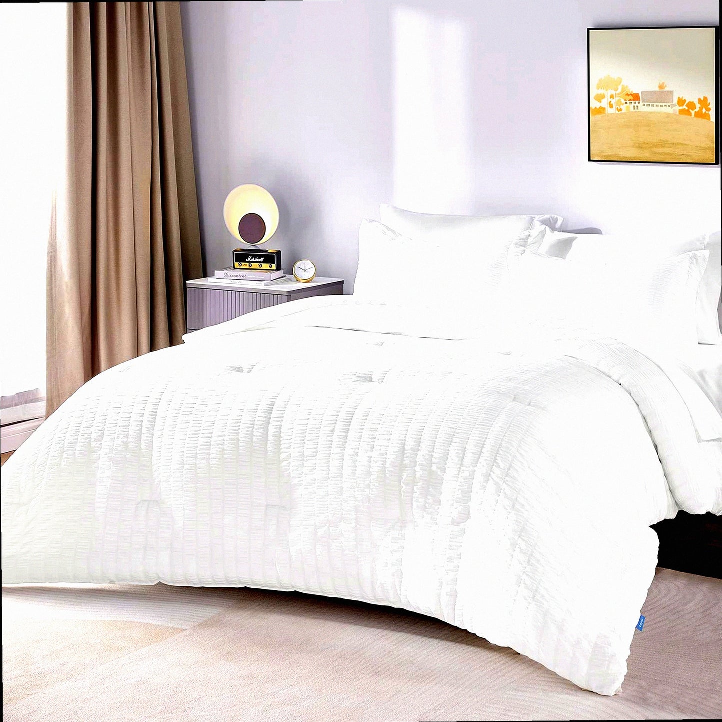 White Seersucker 7-Piece Bedding Set - Queen Size Comforter, Sheets & Pillowcases - All Season Bed in a Bag - Cozy Bedroom Essentials