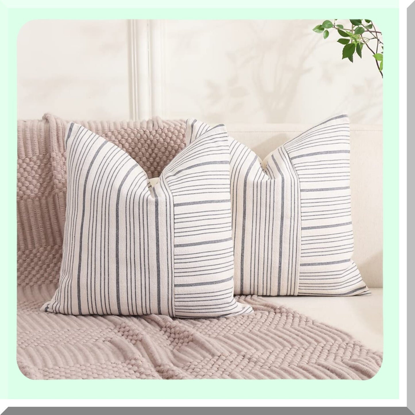 Neutral Stripe Farmhouse Pillow Covers - Set of 2 20x20 Gray Patchwork Boho Cushion Cases for Couch and Sofa