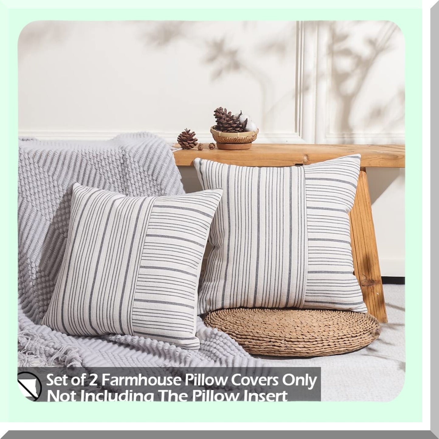 Neutral Stripe Farmhouse Pillow Covers - Set of 2 20x20 Gray Patchwork Boho Cushion Cases for Couch and Sofa