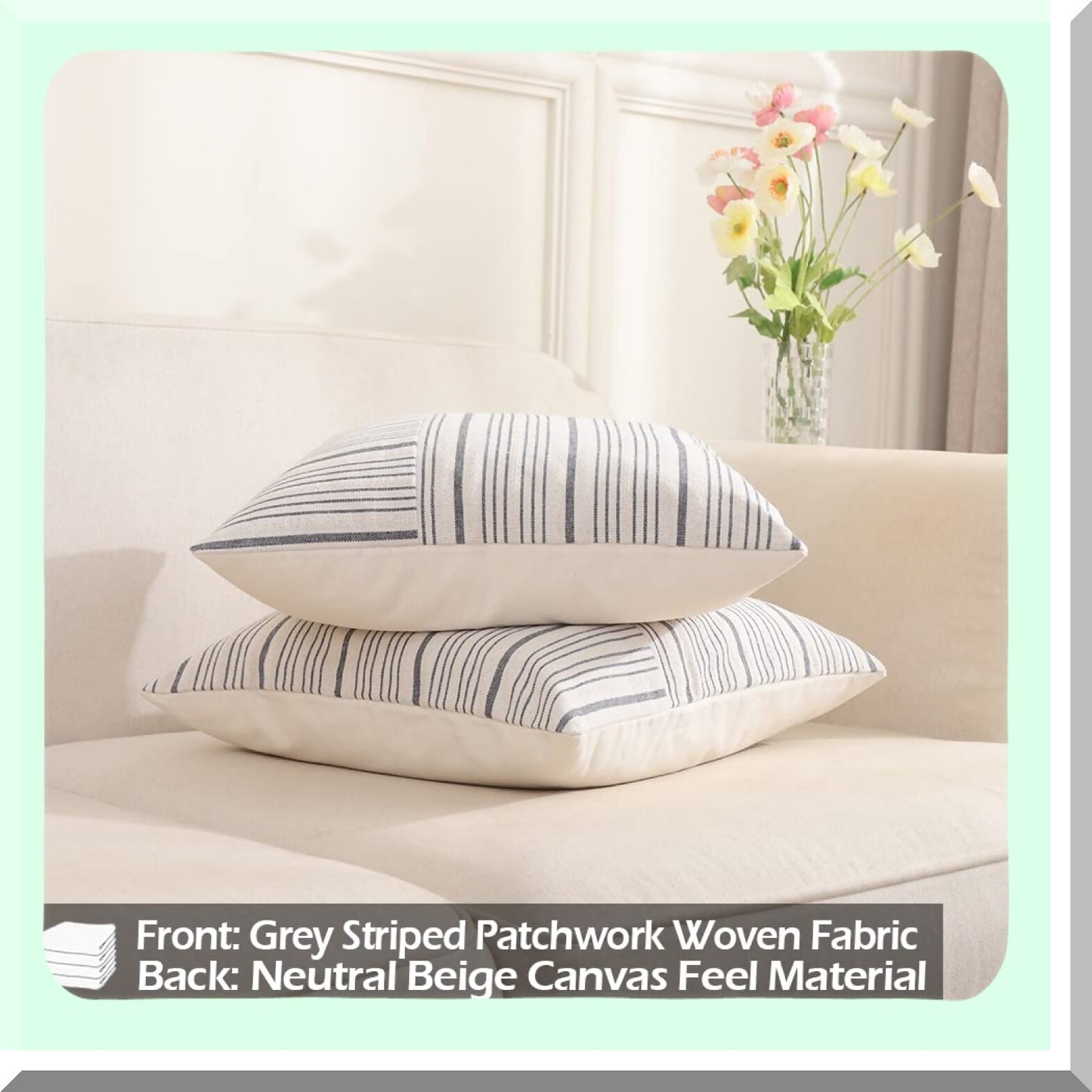 Neutral Stripe Farmhouse Pillow Covers - Set of 2 20x20 Gray Patchwork Boho Cushion Cases for Couch and Sofa