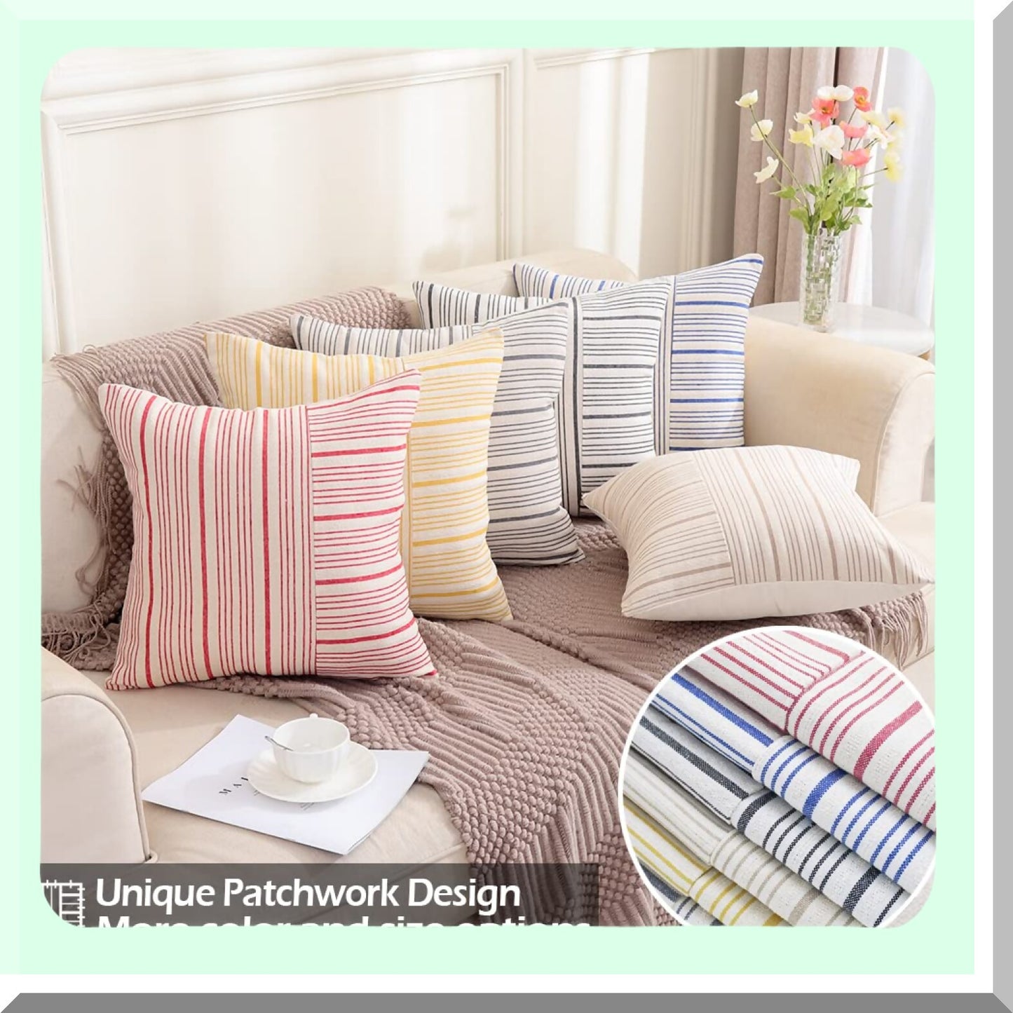 Neutral Stripe Farmhouse Pillow Covers - Set of 2 20x20 Gray Patchwork Boho Cushion Cases for Couch and Sofa