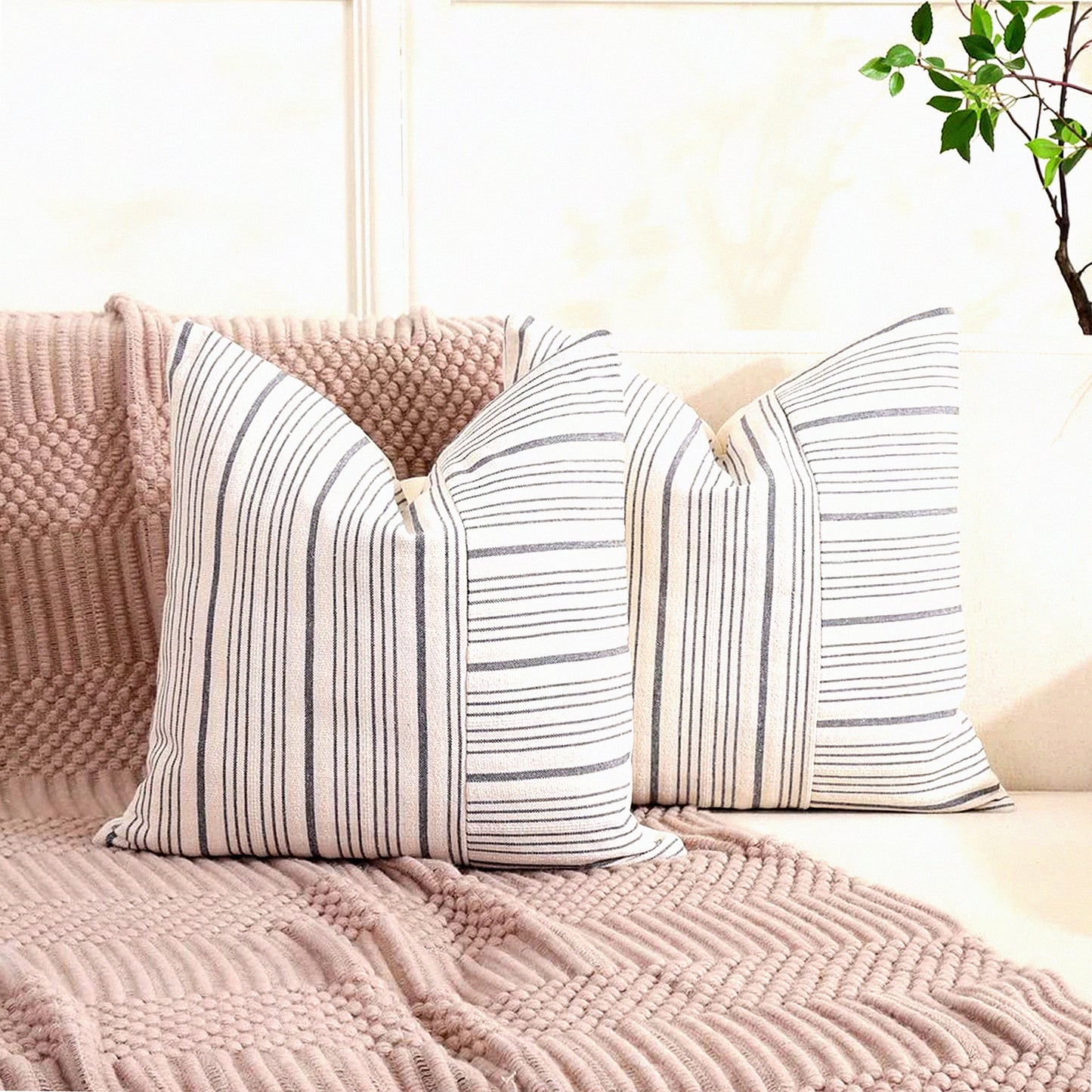 Neutral Stripe Farmhouse Pillow Covers - Set of 2 20x20 Gray Patchwork Boho Cushion Cases for Couch and Sofa