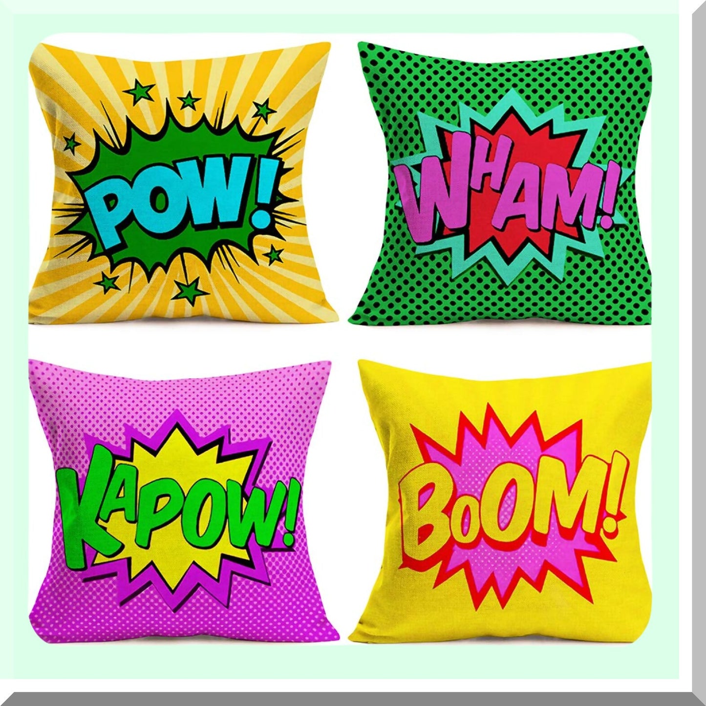 Superhero Exclamation Decor Pillow Set - Comic Book Quote Cushion Covers - 18x18 Inch Square Pillowcases - Best Gift for Pow Wham Kapow Boom Fans