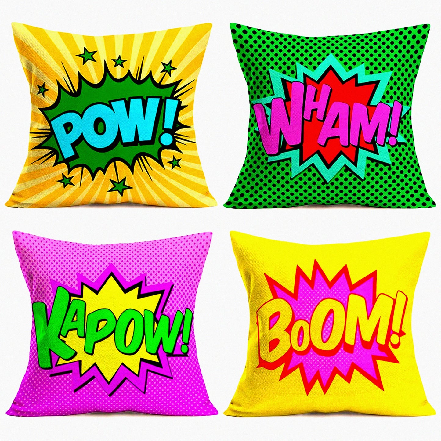 Superhero Exclamation Decor Pillow Set - Comic Book Quote Cushion Covers - 18x18 Inch Square Pillowcases - Best Gift for Pow Wham Kapow Boom Fans