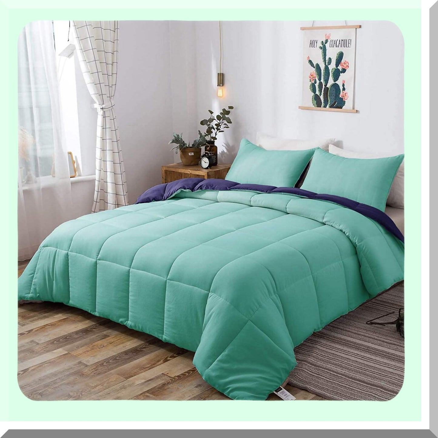 All Season Reversible Quilted Comforter Set - 3-Piece Duvet Insert with Pillow Shams - Light Weight Machine Washable - Green/Blue Eco-Friendly Bedding