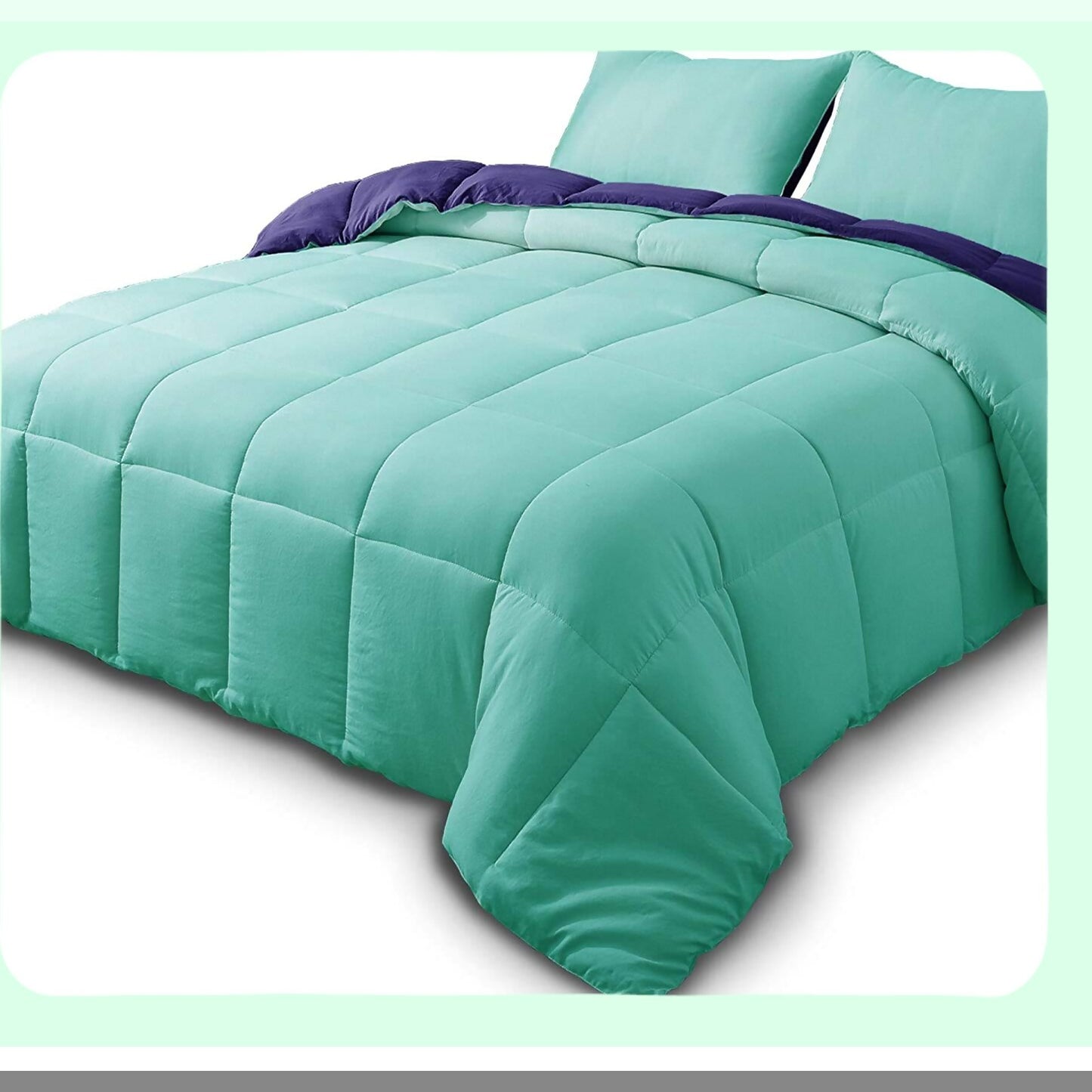 All Season Reversible Quilted Comforter Set - 3-Piece Duvet Insert with Pillow Shams - Light Weight Machine Washable - Green/Blue Eco-Friendly Bedding
