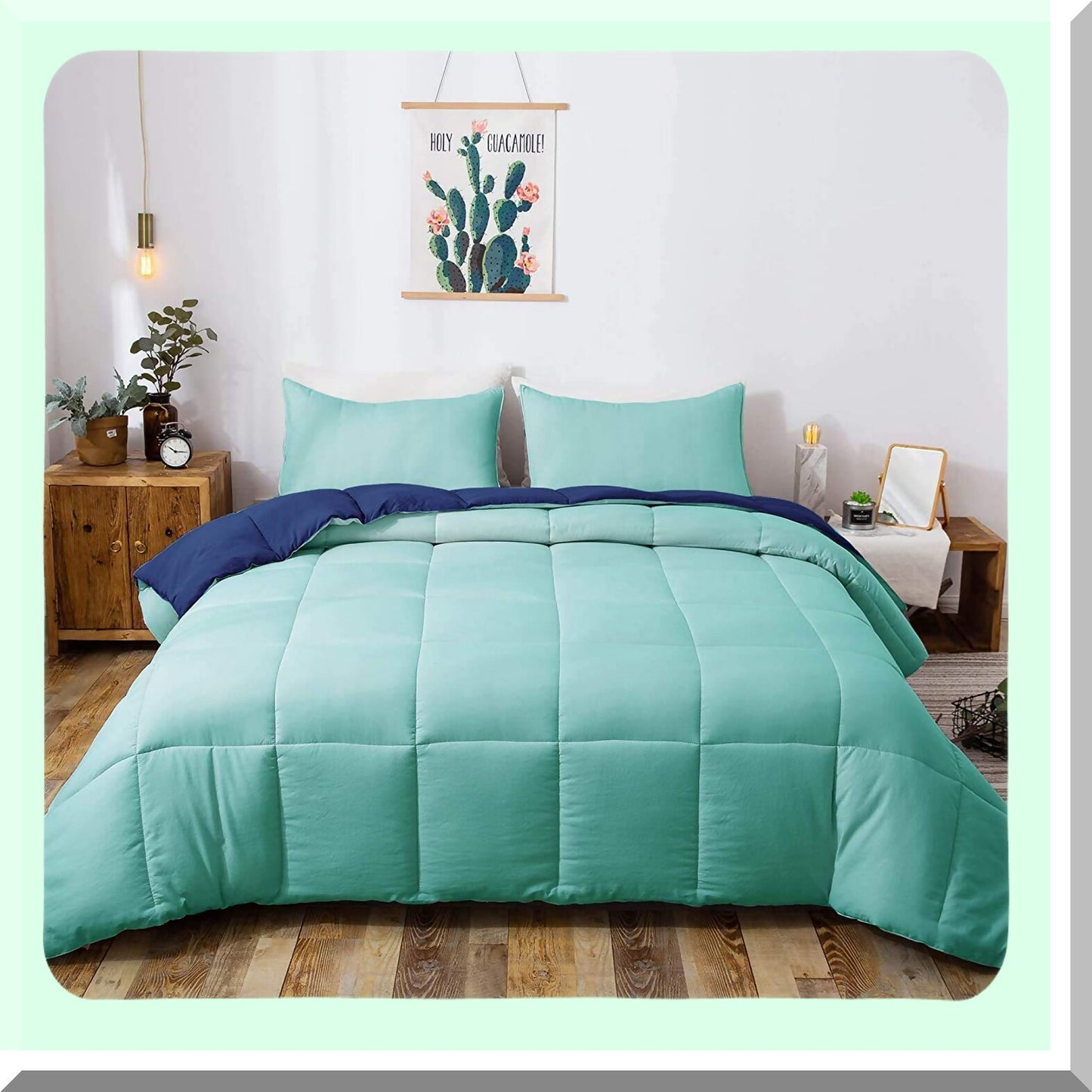 All Season Reversible Quilted Comforter Set - 3-Piece Duvet Insert with Pillow Shams - Light Weight Machine Washable - Green/Blue Eco-Friendly Bedding