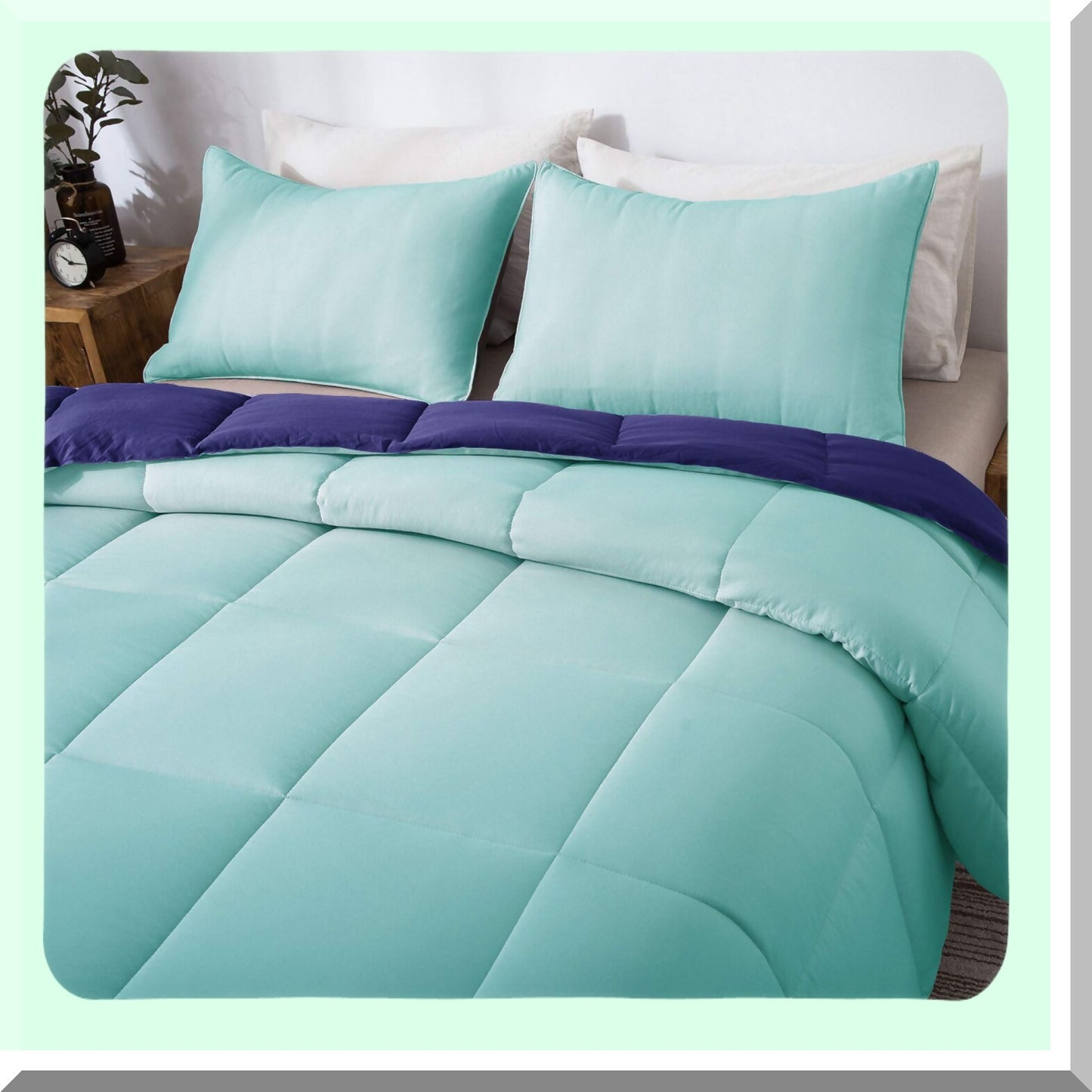 All Season Reversible Quilted Comforter Set - 3-Piece Duvet Insert with Pillow Shams - Light Weight Machine Washable - Green/Blue Eco-Friendly Bedding