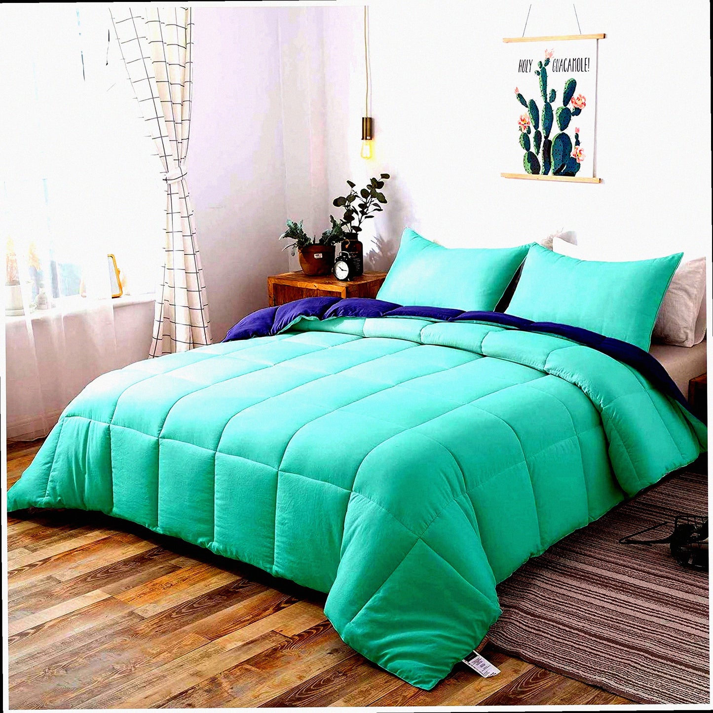 All Season Reversible Quilted Comforter Set - 3-Piece Duvet Insert with Pillow Shams - Light Weight Machine Washable - Green/Blue Eco-Friendly Bedding