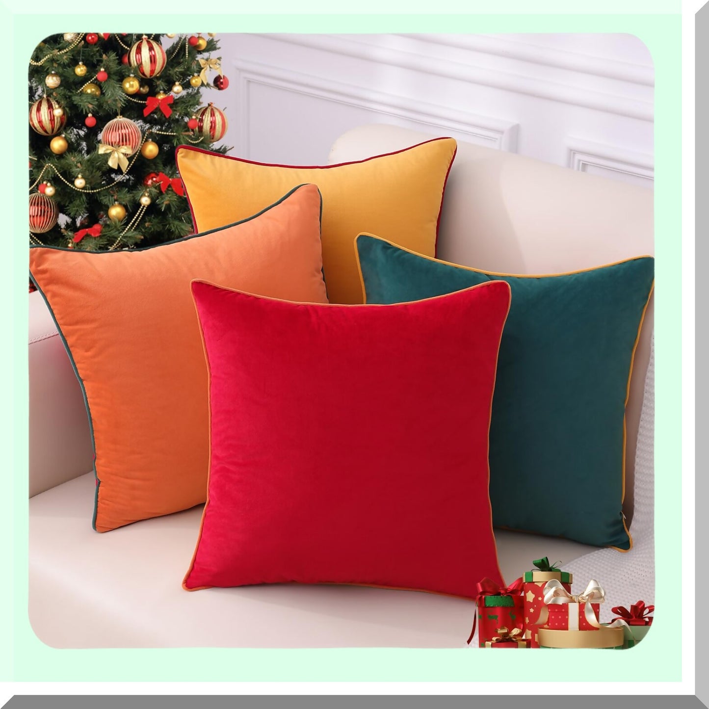 Colorful Velvet Mix & Match Pillow Covers - Set of 4, 18x18 inch, Modern Decor for Sofa Bed & Living Room, Green & Red Soft Throw Pillow Covers