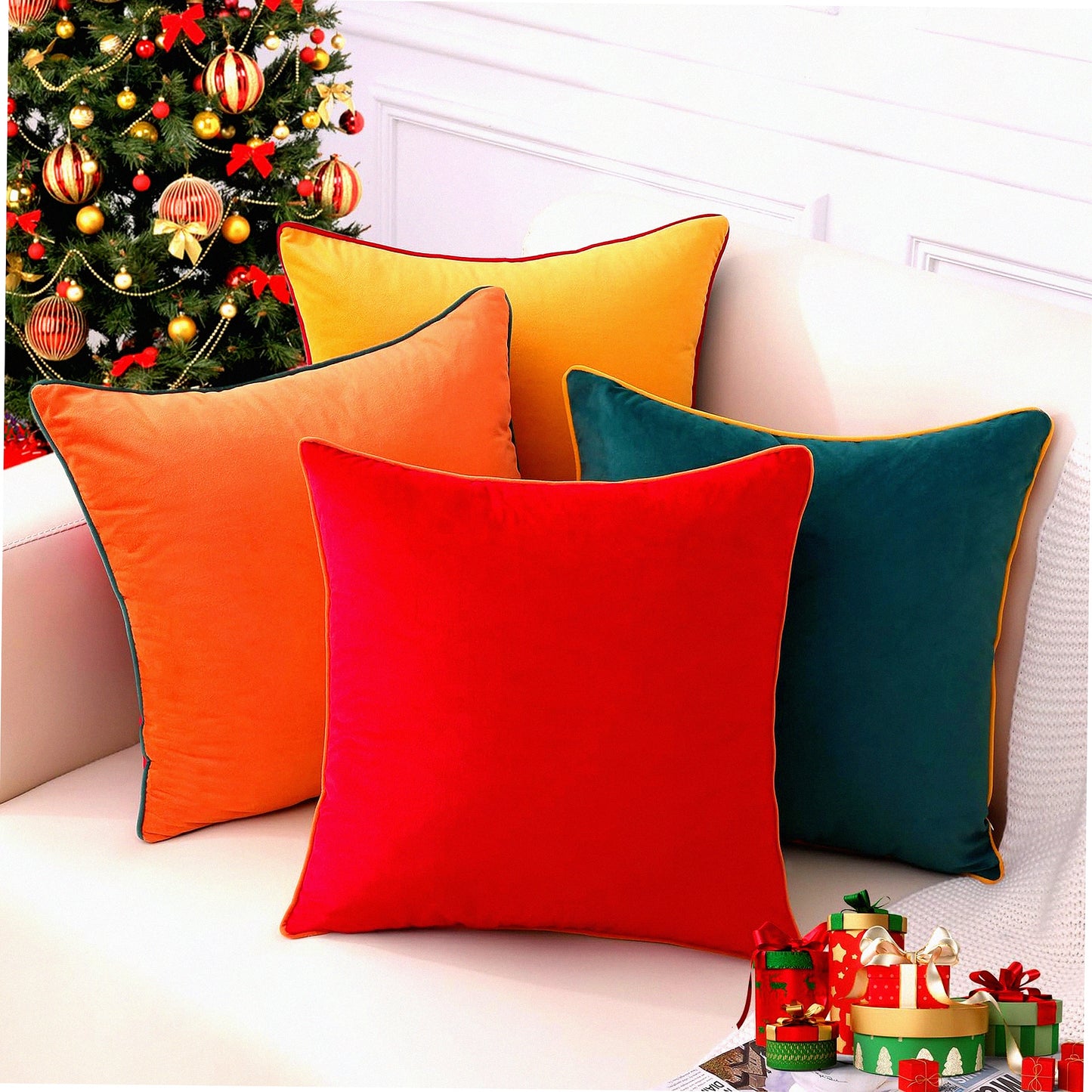 Colorful Velvet Mix & Match Pillow Covers - Set of 4, 18x18 inch, Modern Decor for Sofa Bed & Living Room, Green & Red Soft Throw Pillow Covers