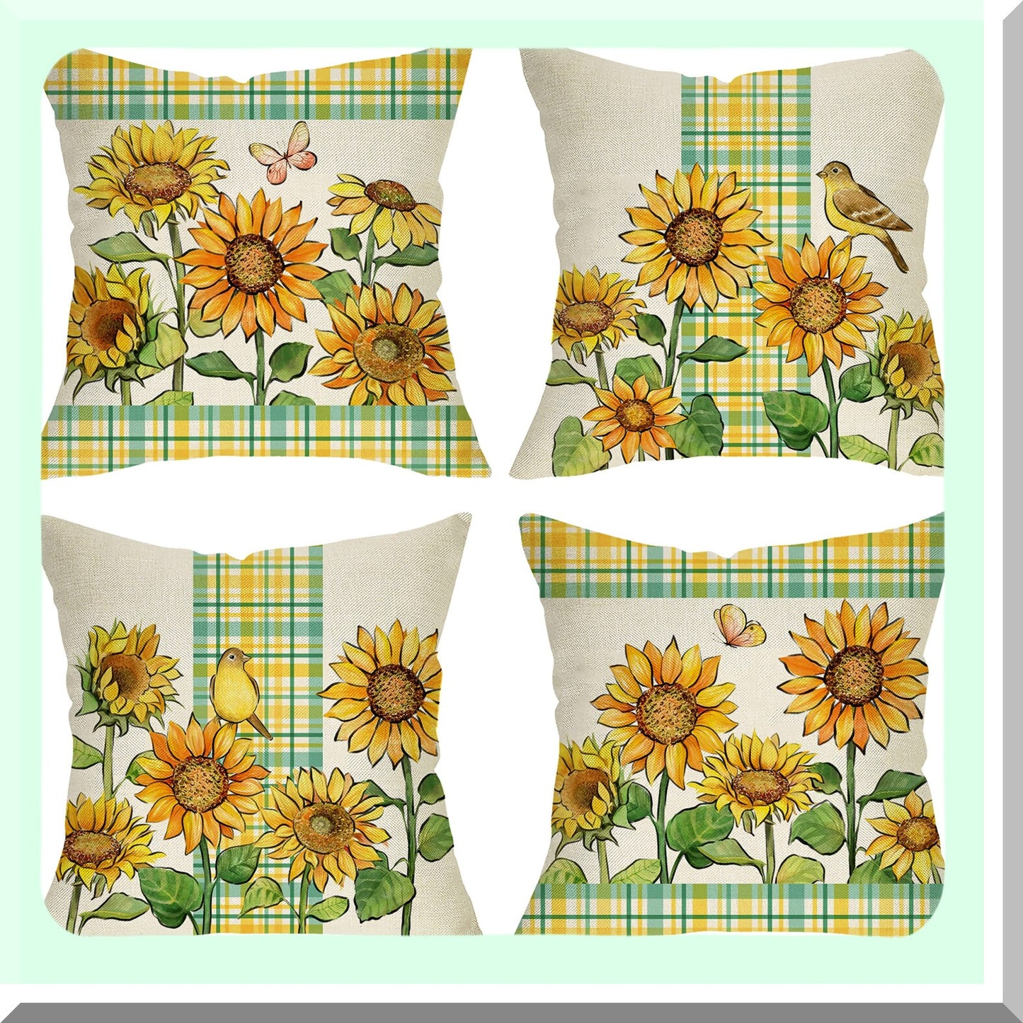 Sunflower Bloom Buffalo Plaid Pillow Cover Set - Farmhouse Floral Decor for Spring Summer, Fall Autumn Season - Goldfinch Bird Cushion Case 18x18