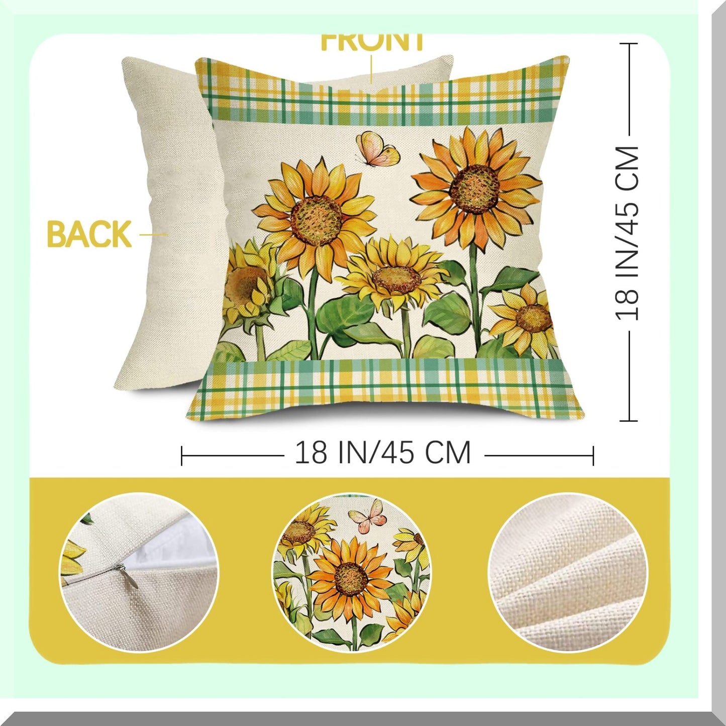 Sunflower Bloom Buffalo Plaid Pillow Cover Set - Farmhouse Floral Decor for Spring Summer, Fall Autumn Season - Goldfinch Bird Cushion Case 18x18