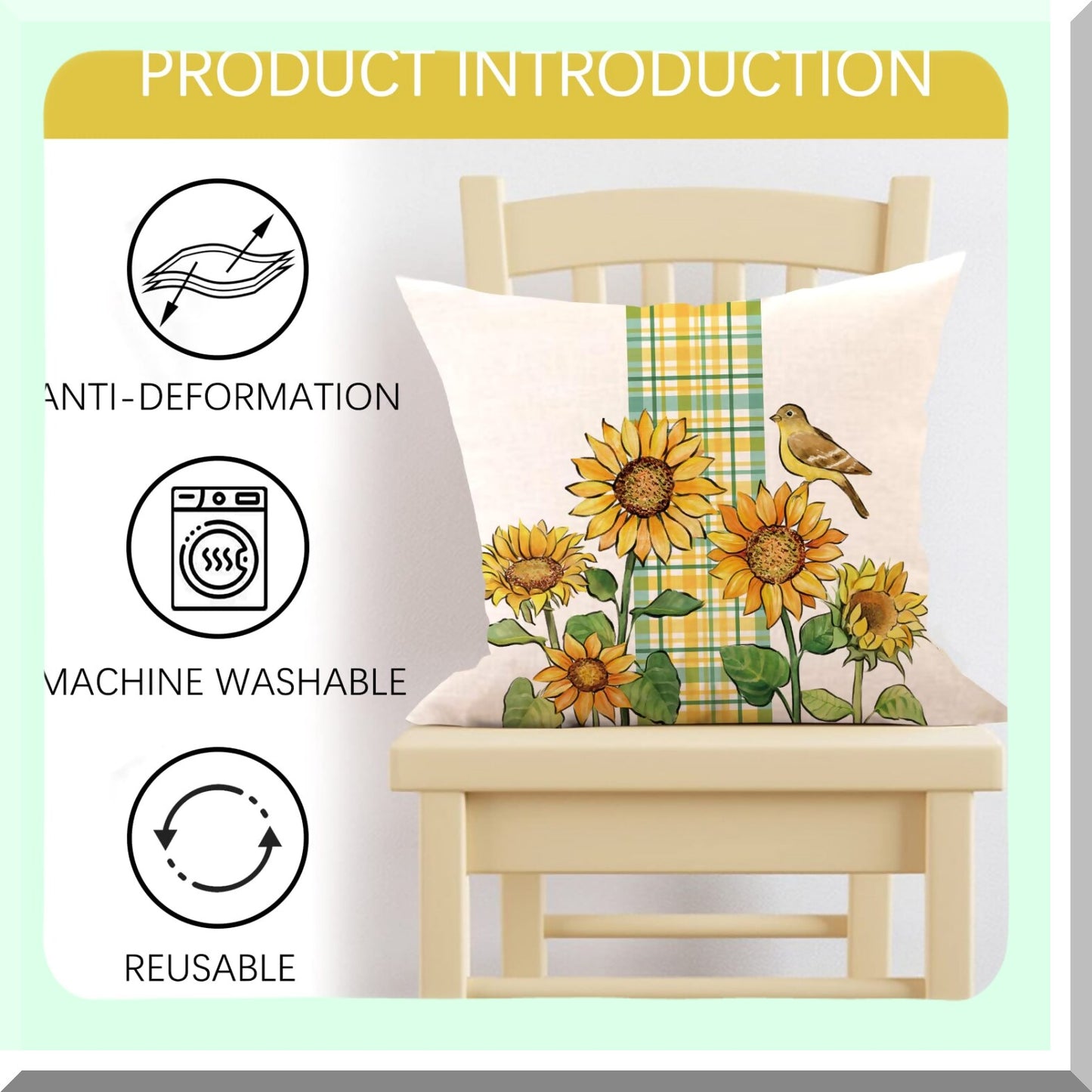 Sunflower Bloom Buffalo Plaid Pillow Cover Set - Farmhouse Floral Decor for Spring Summer, Fall Autumn Season - Goldfinch Bird Cushion Case 18x18
