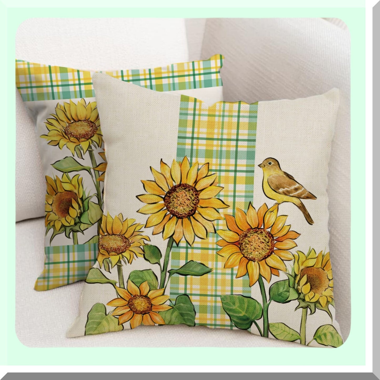 Sunflower Bloom Buffalo Plaid Pillow Cover Set - Farmhouse Floral Decor for Spring Summer, Fall Autumn Season - Goldfinch Bird Cushion Case 18x18