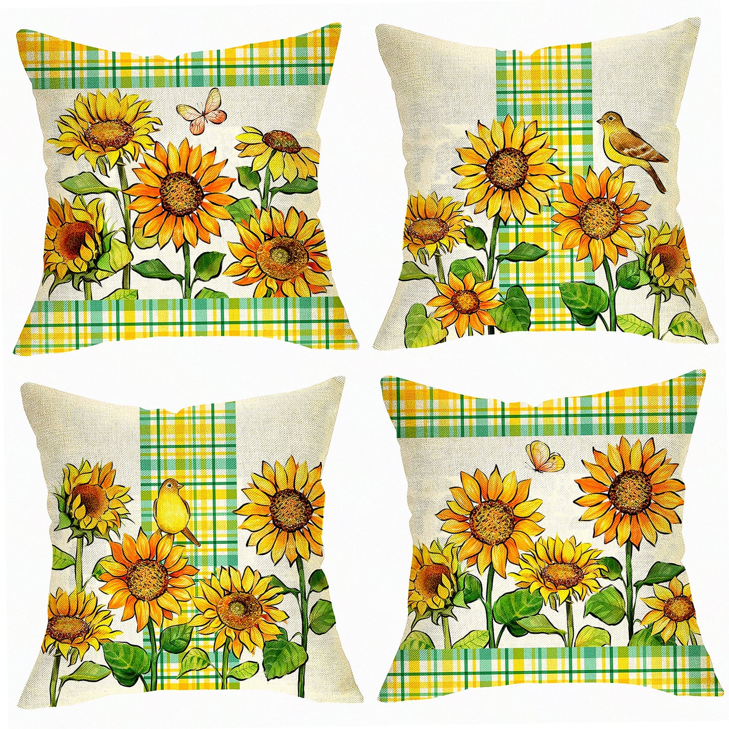 Sunflower Bloom Buffalo Plaid Pillow Cover Set - Farmhouse Floral Decor for Spring Summer, Fall Autumn Season - Goldfinch Bird Cushion Case 18x18