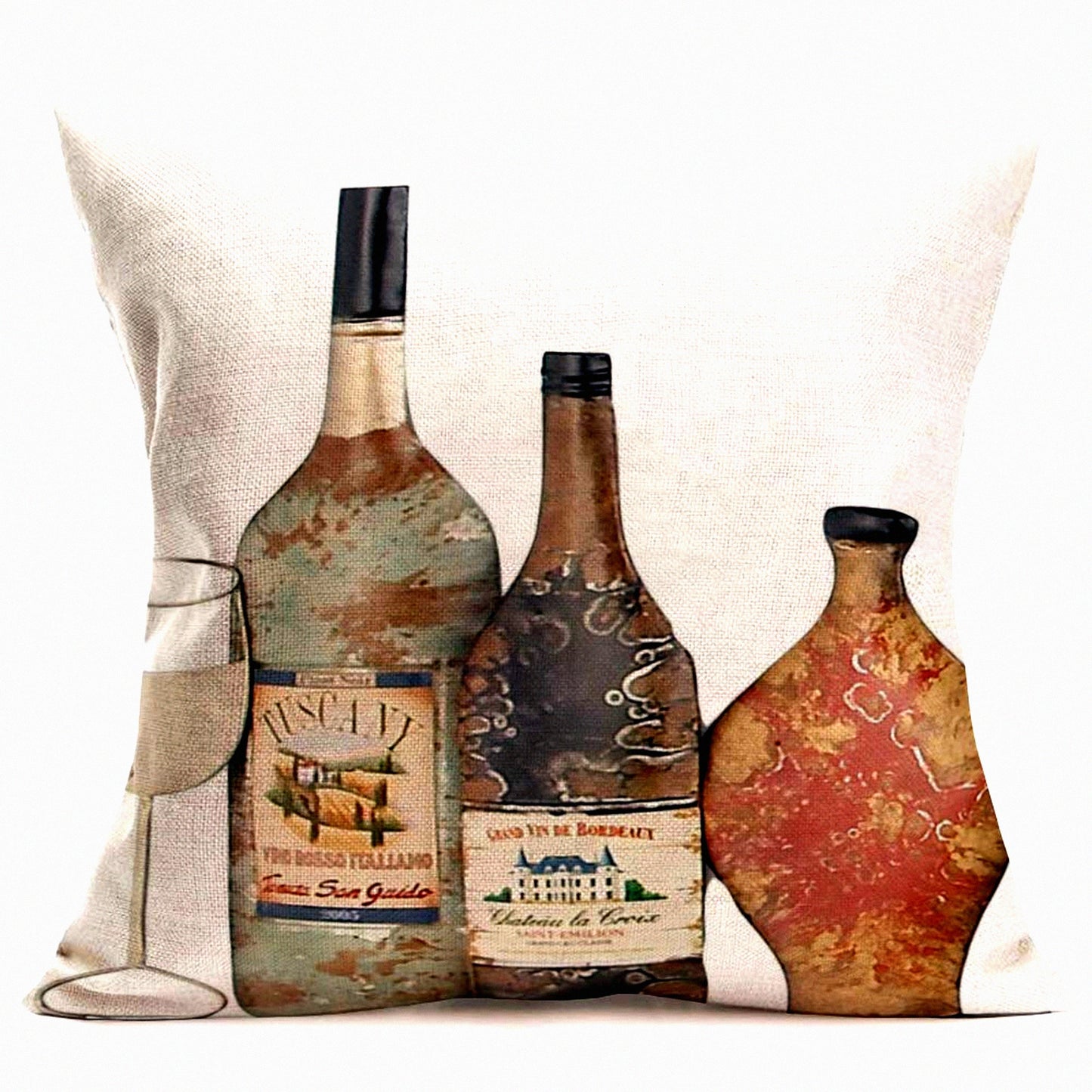 Retro Wine Barrel Cushion Cover - Vintage Red Wine Bottle & Grapes Decorative Throw Pillow - French Gourmet Tasting Accent Pillow Case for Home Sofa Chair - 18x18 Square Pillow Cover