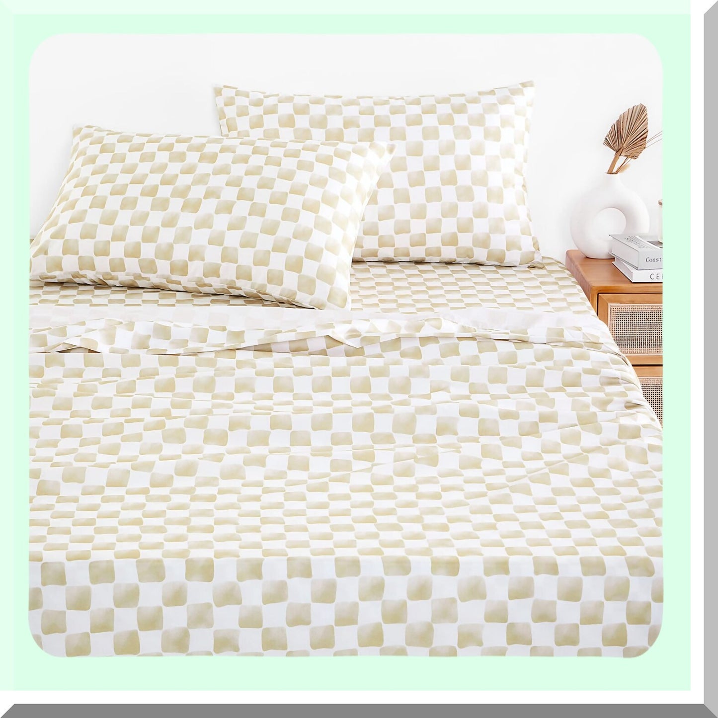 CheckerGrid Plaid Microfiber Sheet Set - Beige White Geometric Preppy Bedding - Twin Size 4pcs - Hand Drawn Pattern - Soft & Cozy - Checkered