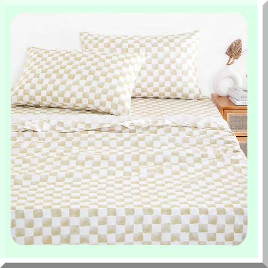 CheckerGrid Plaid Microfiber Sheet Set Twin Beige White