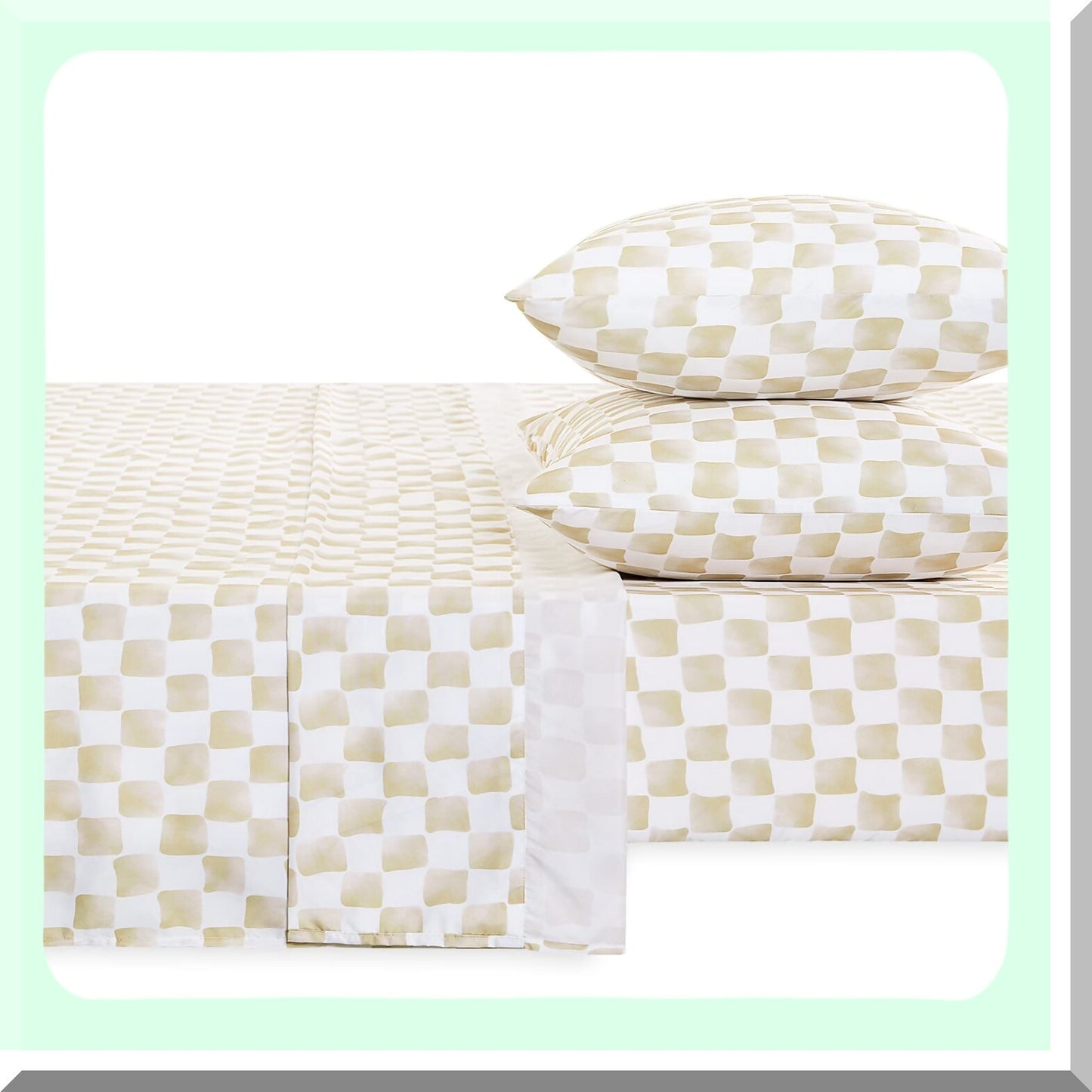 CheckerGrid Plaid Microfiber Sheet Set - Beige White Geometric Preppy Bedding - Twin Size 4pcs - Hand Drawn Pattern - Soft & Cozy - Checkered