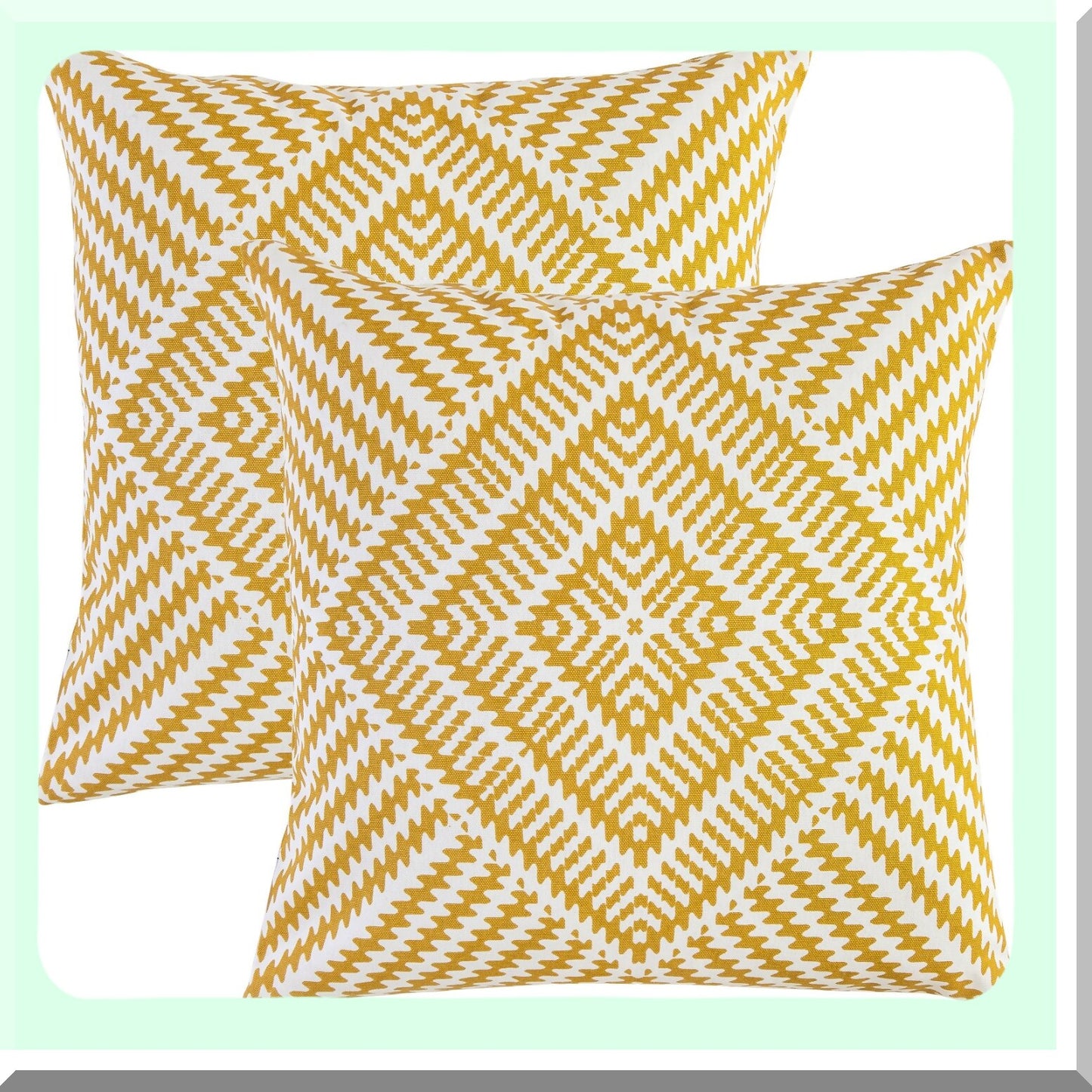 Kaleidoscope Mustard Accent Pillow Covers - Set of 2, 22x22 Inches, Decorative Cotton Throw Pillows