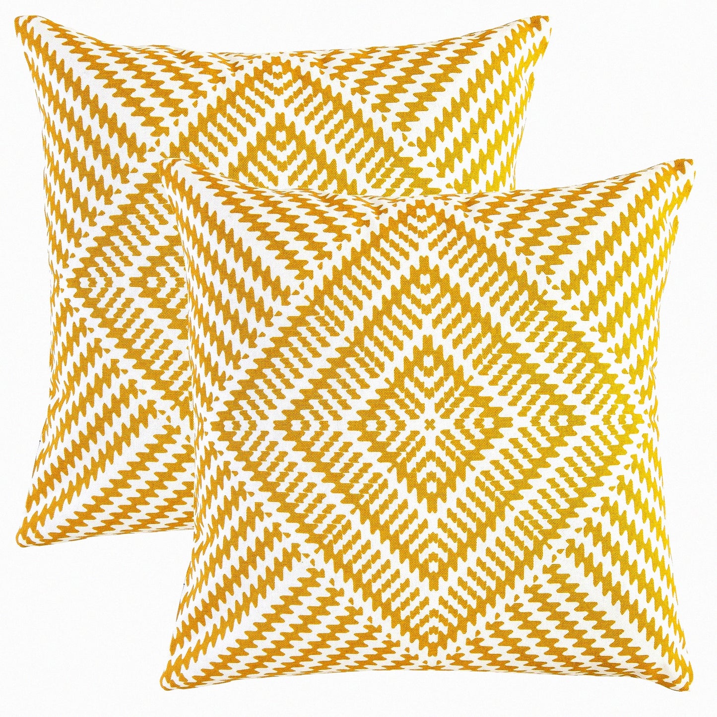 Kaleidoscope Mustard Accent Pillow Covers - Set of 2, 22x22 Inches, Decorative Cotton Throw Pillows