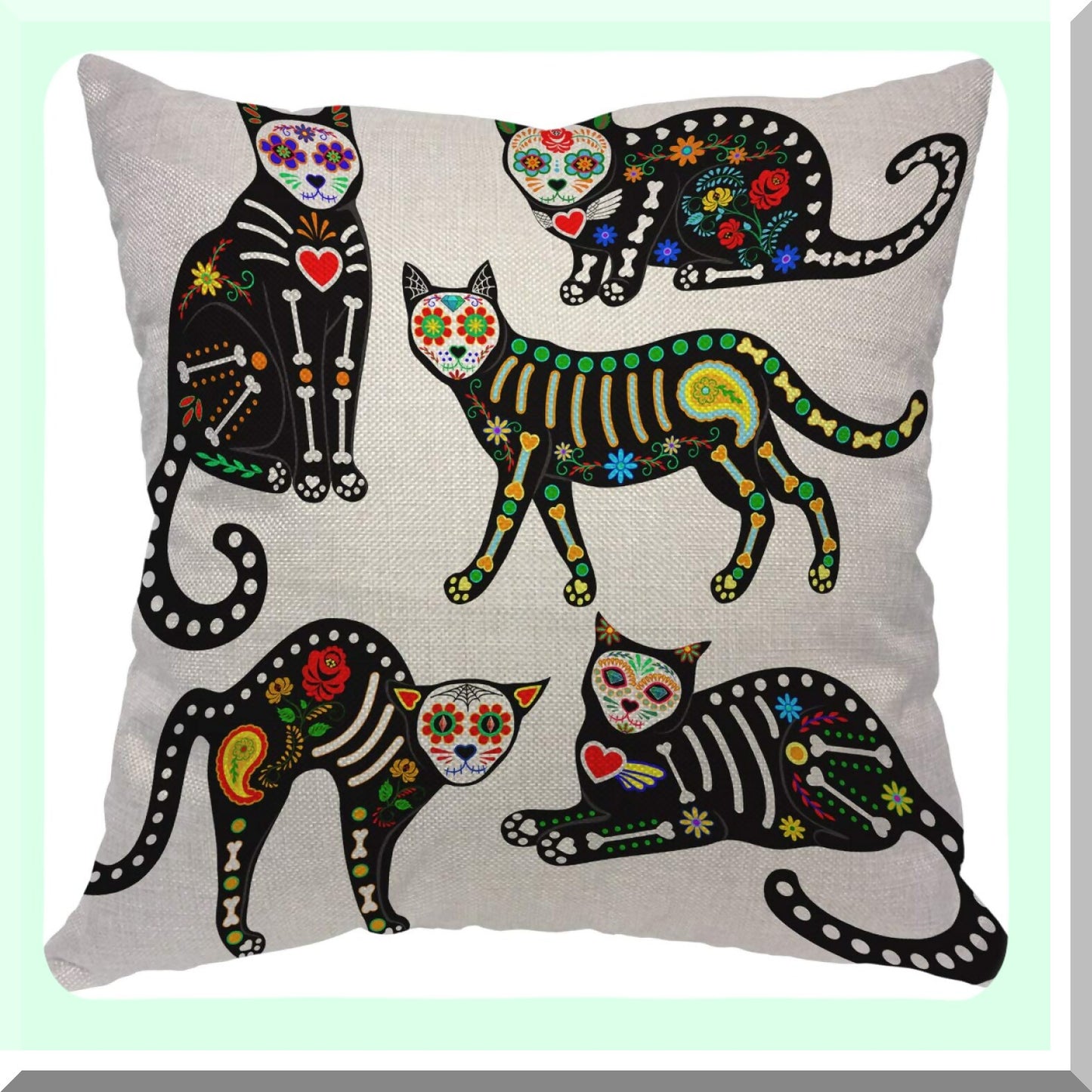 Sugar Skull Black Kitten Day of The Dead Pillow Cover - Paisley Heart Throw Cushion - Decorative Linen Canvas for Sofa Bed - 18x18 Inch Square Case