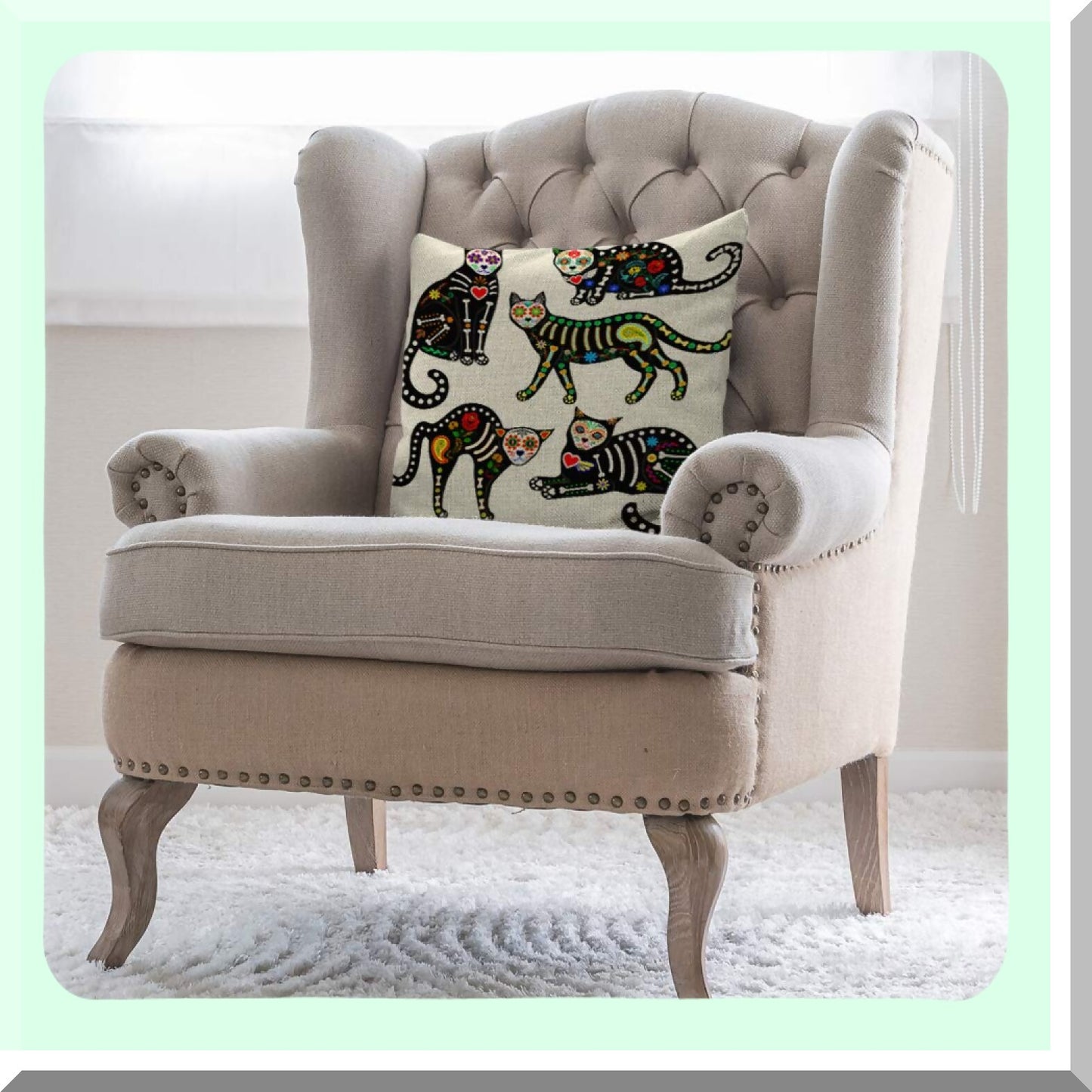 Sugar Skull Black Kitten Day of The Dead Pillow Cover - Paisley Heart Throw Cushion - Decorative Linen Canvas for Sofa Bed - 18x18 Inch Square Case