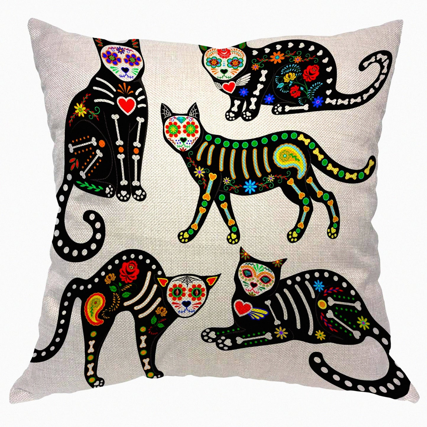 Sugar Skull Black Kitten Day of The Dead Pillow Cover - Paisley Heart Throw Cushion - Decorative Linen Canvas for Sofa Bed - 18x18 Inch Square Case