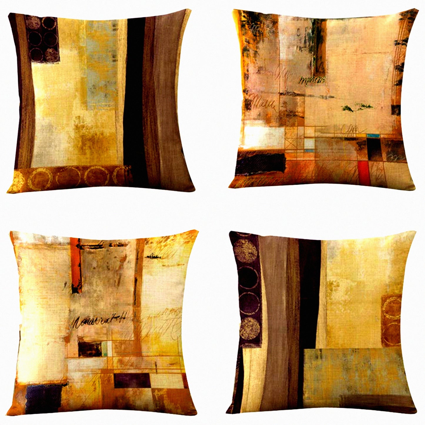 Geometric Vintage Decorative Pillow Covers - Set of 4 Cushion Cases for Living Room, Couch & Bed - Modern Blocks Design - 18 x 18 Inch