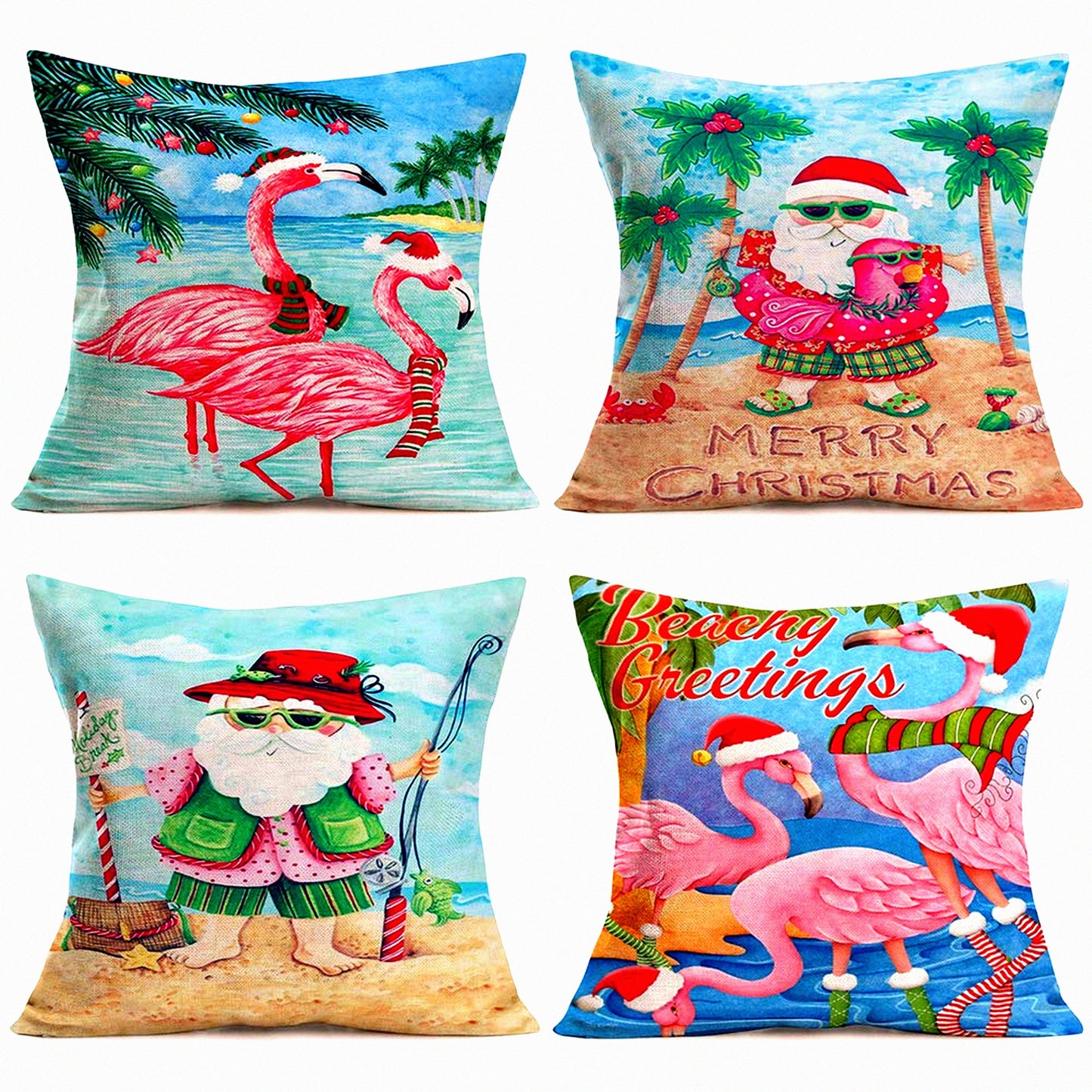 Tropical Flamingo Beachy Quotes Pillow Covers - Set of 4 Funny Decorative Cushion Covers 18x18 Inch, Cotton Linen Throw Pillow Case