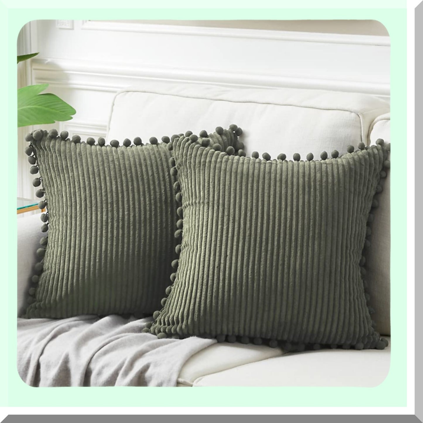 Pom-Pom Olive Green Corduroy Throw Pillow Covers - Set of 2 | Farmhouse Boho Decorative Cushion Cases for Couch, Bed, Living Room - 26x16 Inch