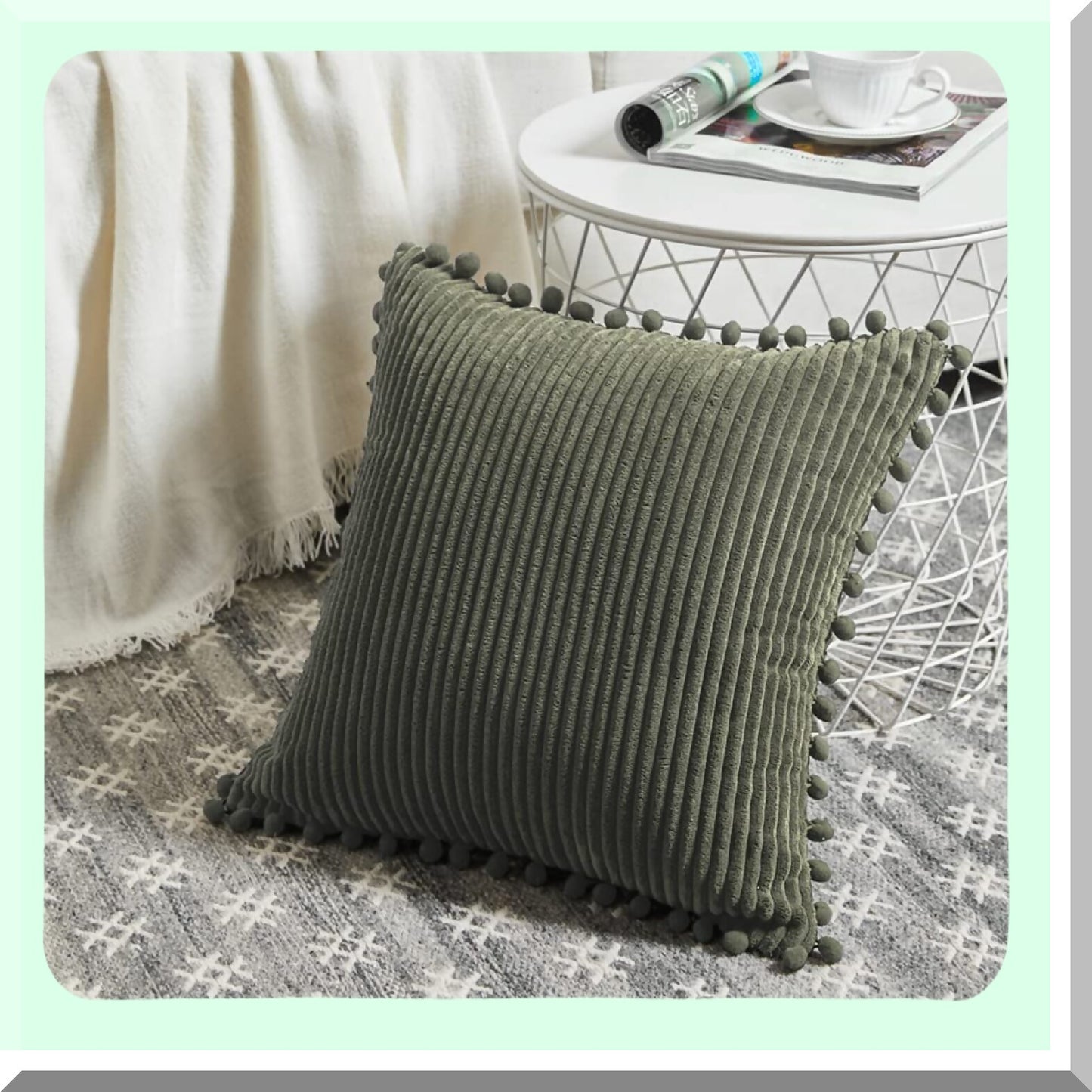 Pom-Pom Olive Green Corduroy Throw Pillow Covers - Set of 2 | Farmhouse Boho Decorative Cushion Cases for Couch, Bed, Living Room - 26x16 Inch