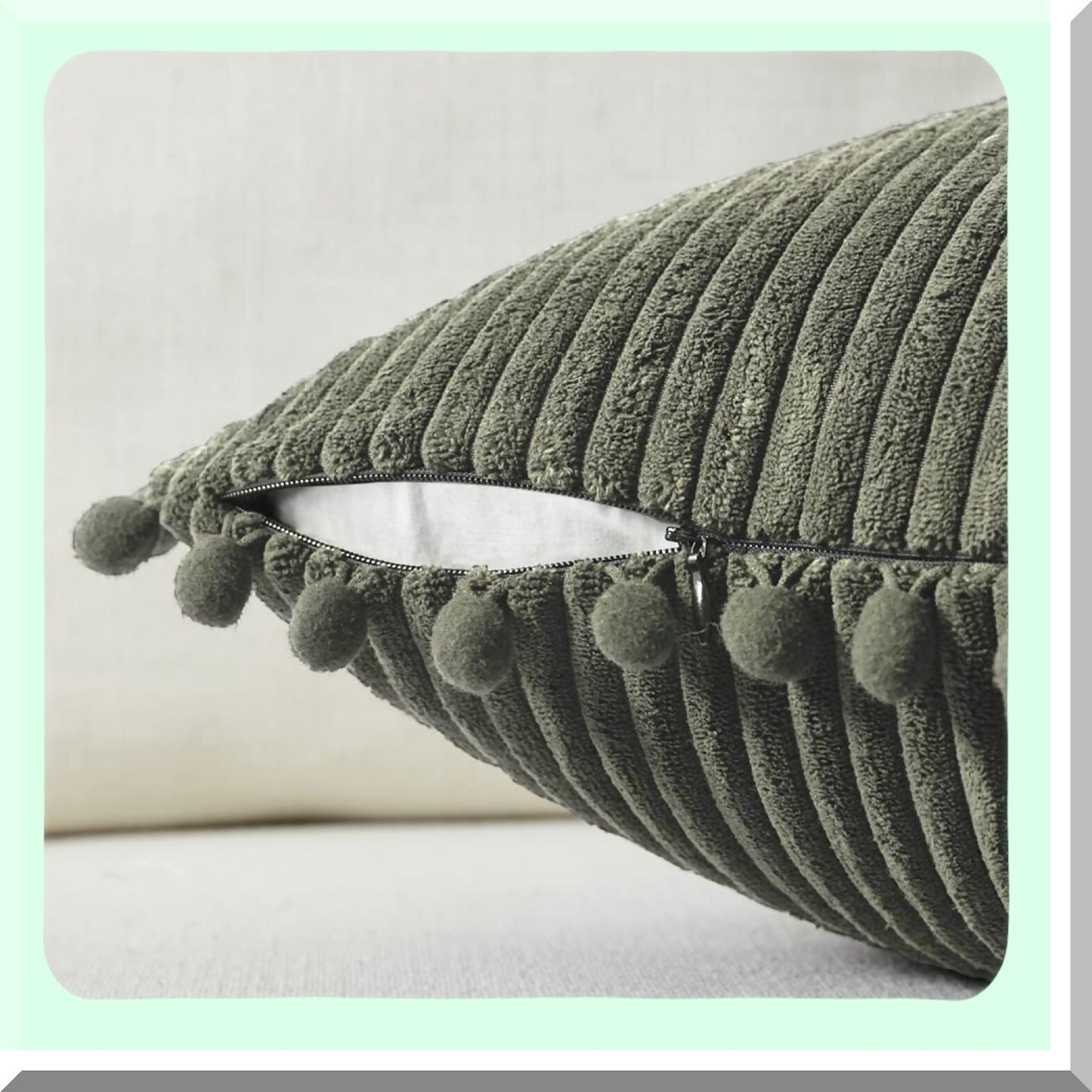 Pom-Pom Olive Green Corduroy Throw Pillow Covers - Set of 2 | Farmhouse Boho Decorative Cushion Cases for Couch, Bed, Living Room - 26x16 Inch