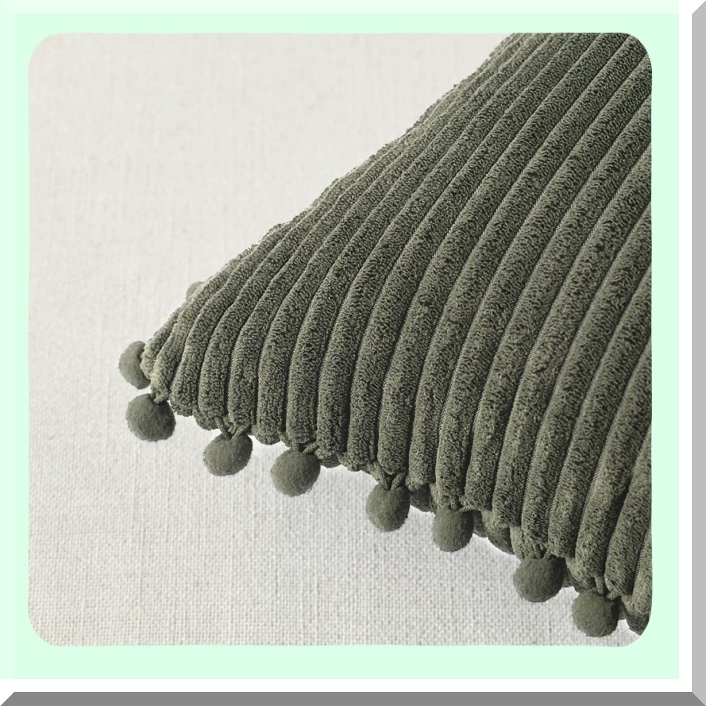 Pom-Pom Olive Green Corduroy Throw Pillow Covers - Set of 2 | Farmhouse Boho Decorative Cushion Cases for Couch, Bed, Living Room - 26x16 Inch
