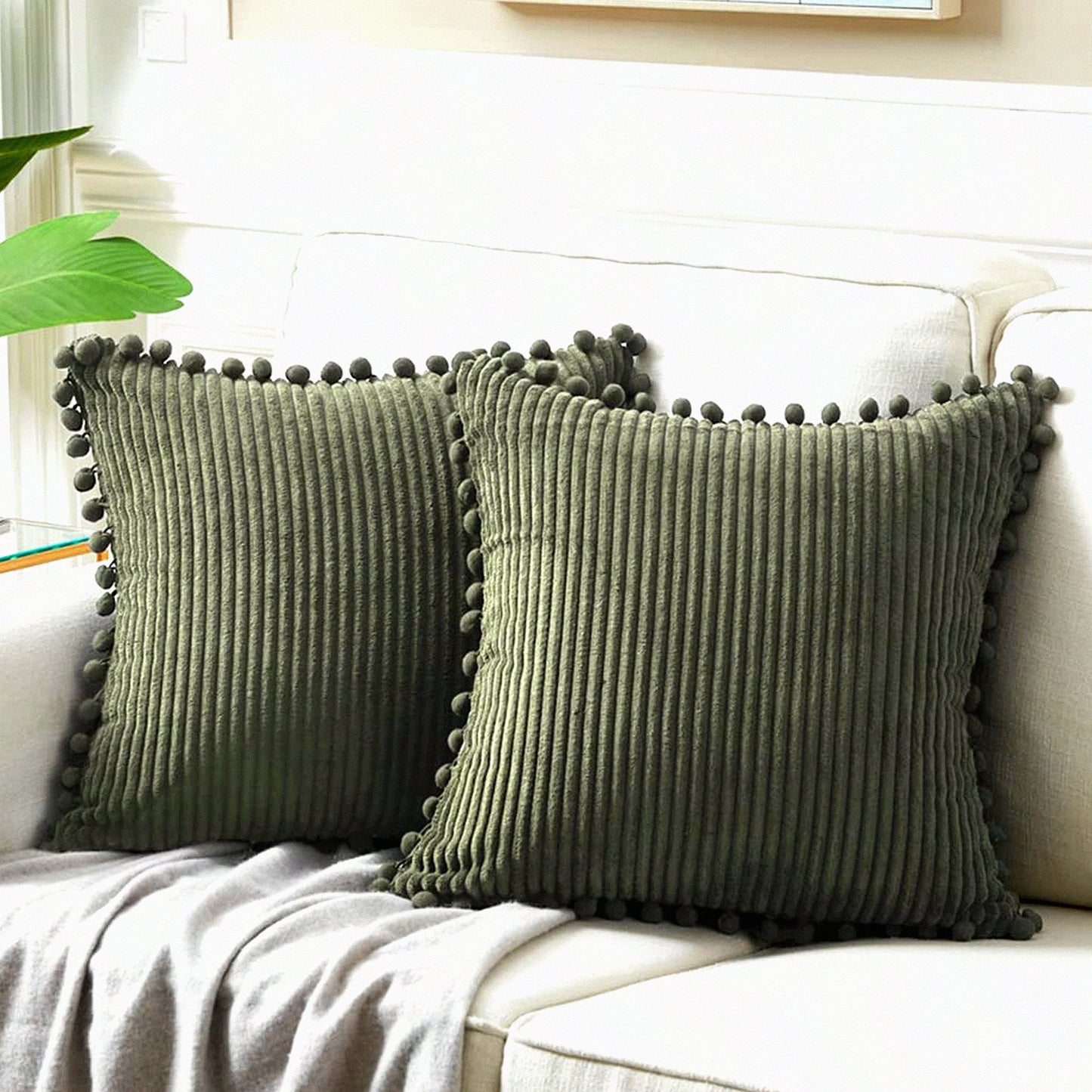 Pom-Pom Olive Green Corduroy Throw Pillow Covers - Set of 2 | Farmhouse Boho Decorative Cushion Cases for Couch, Bed, Living Room - 26x16 Inch