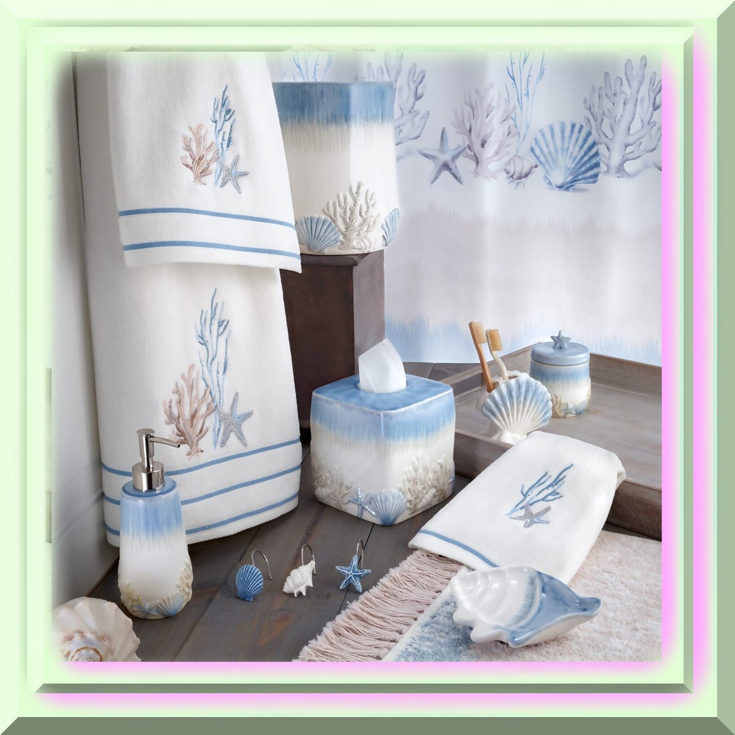 Cotton Bath Mat with Fringe Blue Beige