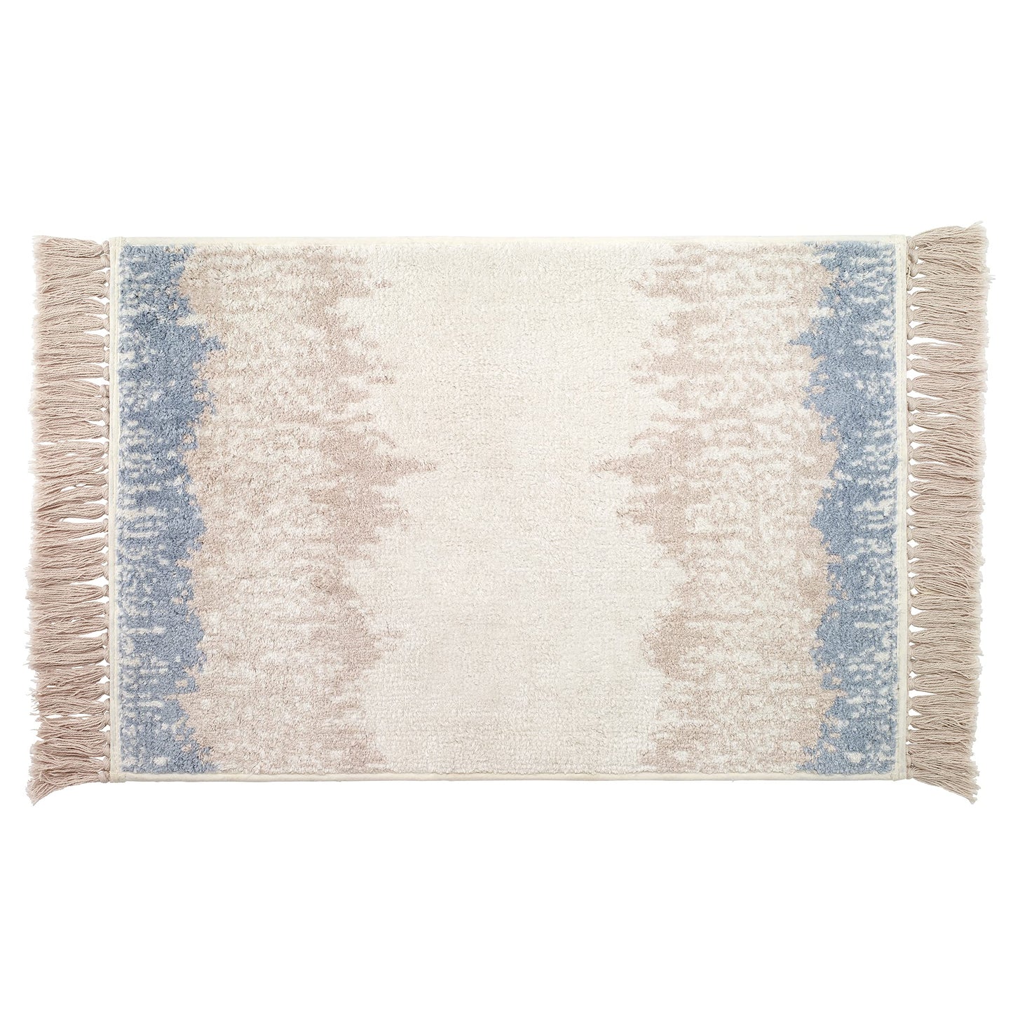 Cotton Bath Mat with Fringe Blue Beige