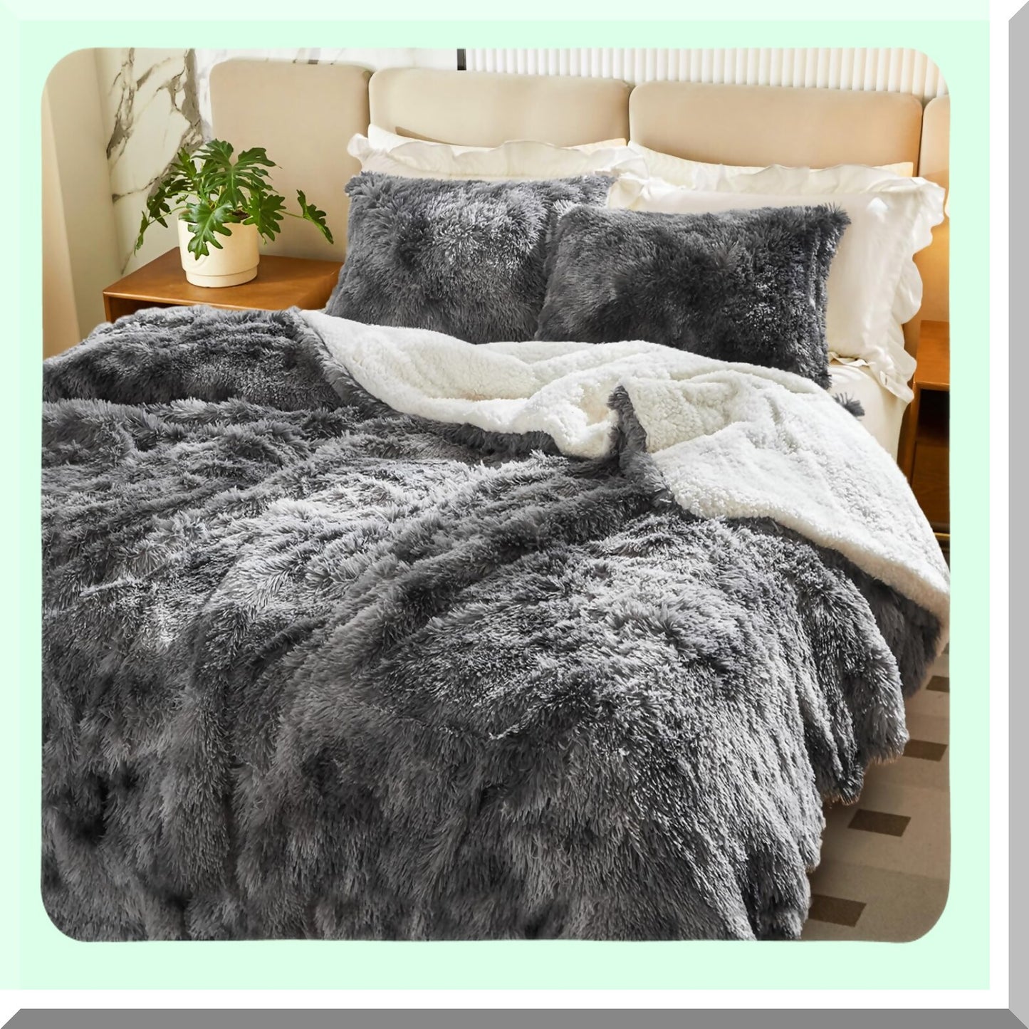 PlushLux Black & White Shaggy Comforter Set - Full/Queen Size, 3-Piece Flannel Sherpa Reversible Bedding - Super Warm & Soft Microfiber - Winter Ready