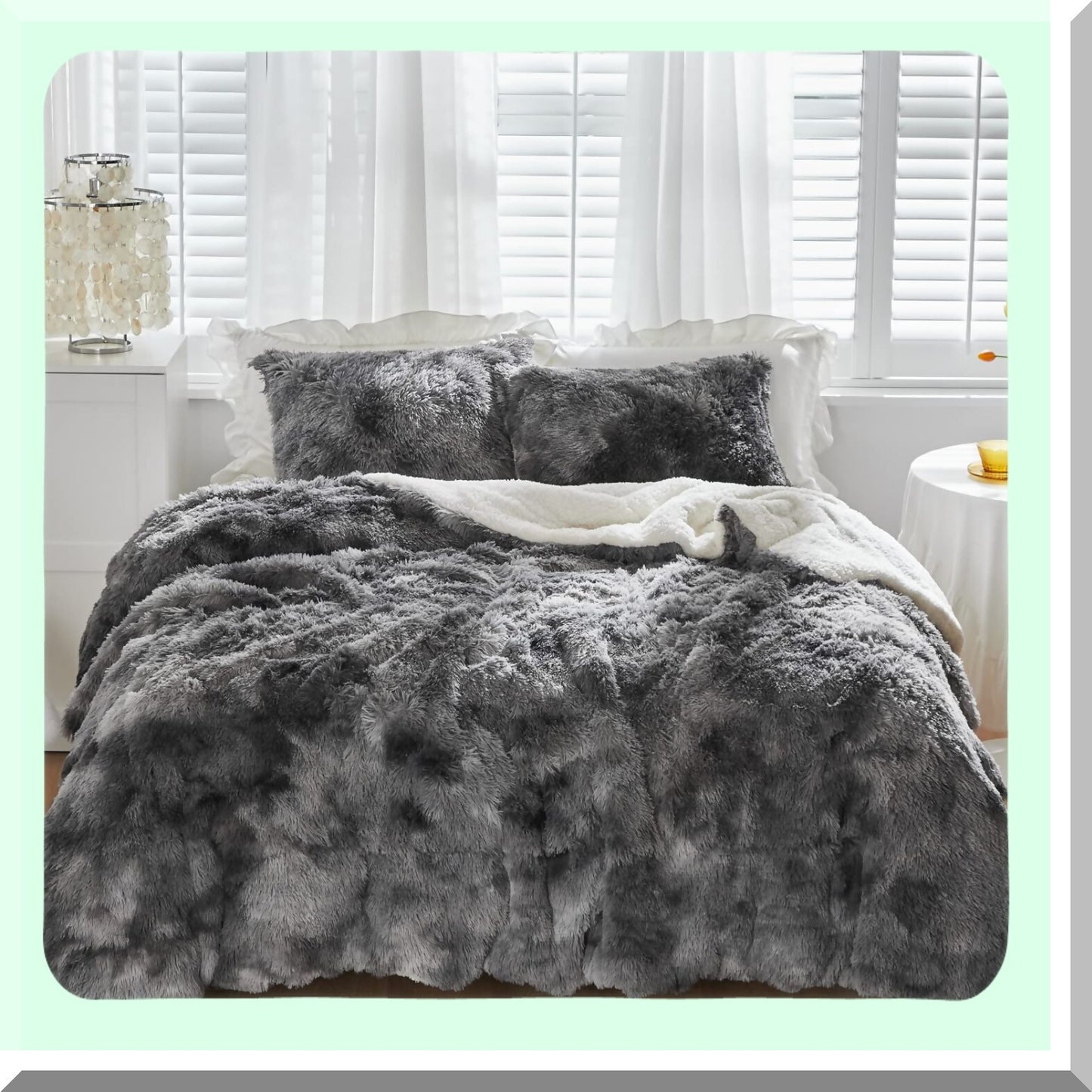 PlushLux Black & White Shaggy Comforter Set - Full/Queen Size, 3-Piece Flannel Sherpa Reversible Bedding - Super Warm & Soft Microfiber - Winter Ready
