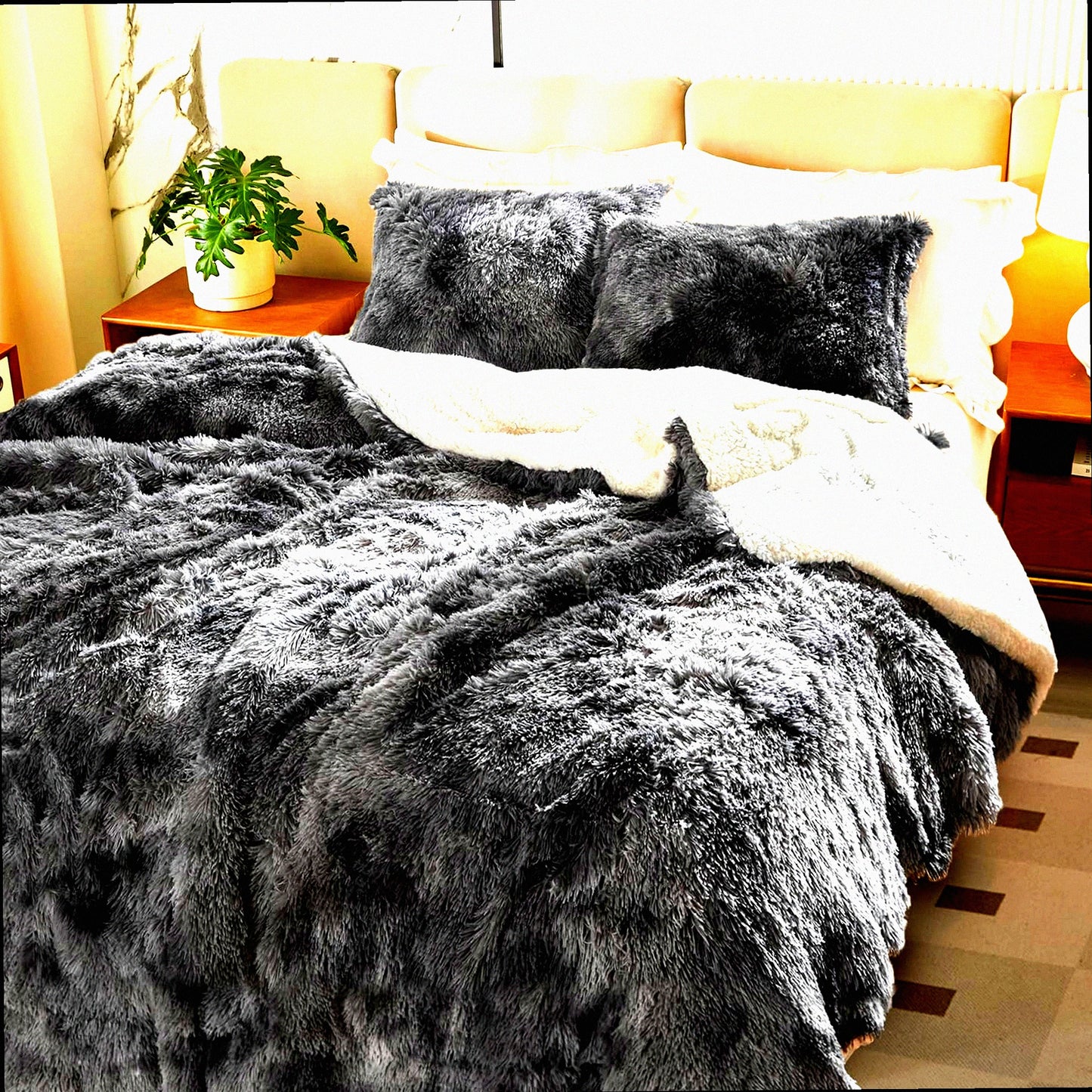 PlushLux Black & White Shaggy Comforter Set - Full/Queen Size, 3-Piece Flannel Sherpa Reversible Bedding - Super Warm & Soft Microfiber - Winter Ready