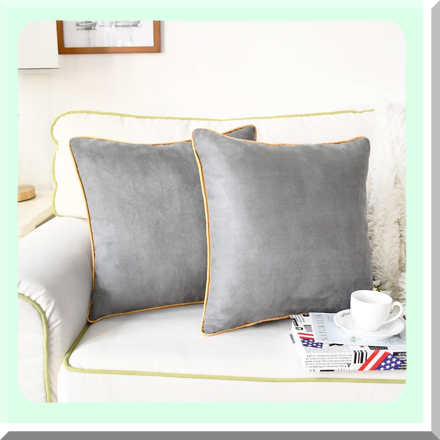 Luxury Suede Gold Edge Pillow Covers - Set of 2 | Soft Accent Cushion Cases for Couch, Bed, Sofa | Farmhouse Decor | 18x18 Inches | Silver Gray