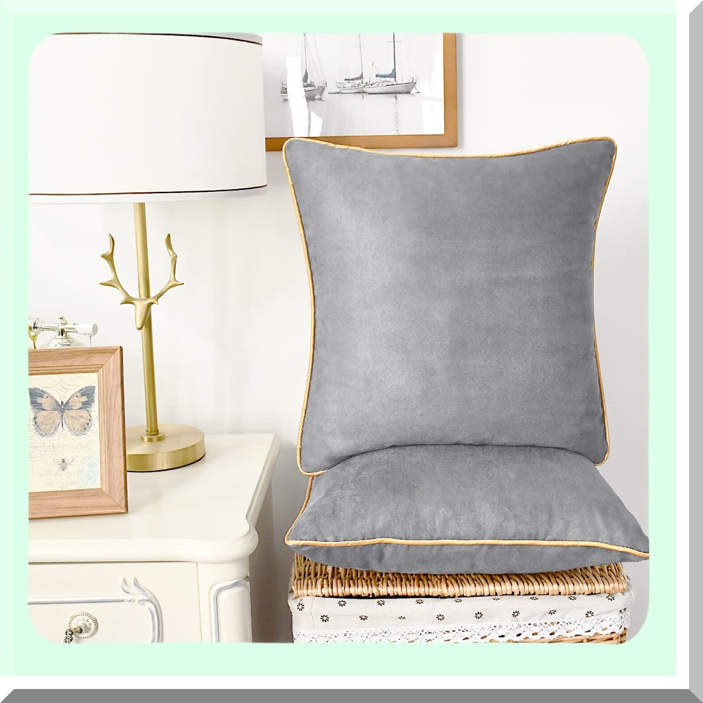 Luxury Suede Gold Edge Pillow Covers - Set of 2 | Soft Accent Cushion Cases for Couch, Bed, Sofa | Farmhouse Decor | 18x18 Inches | Silver Gray
