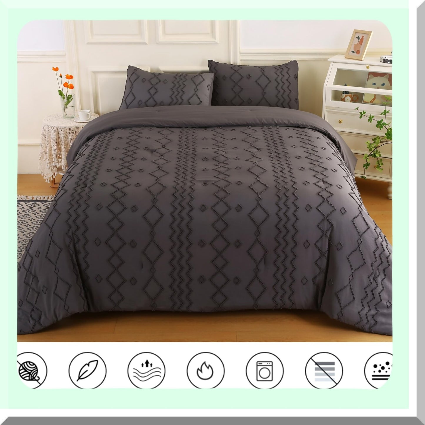 Boho Chic Tufted Comforter Set - Dark Grey Embroidery Soft Fluffy Microfiber Down Alternative Bedding - 3 Piece All Season Bed Set