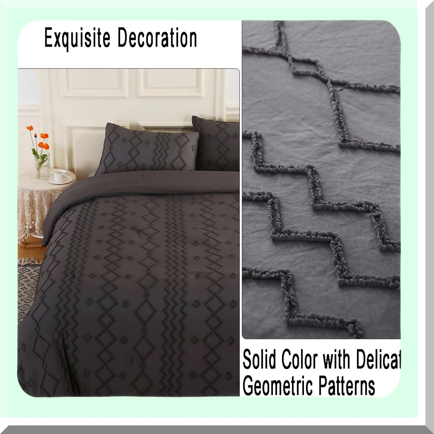 Boho Chic Tufted Comforter Set - Dark Grey Embroidery Soft Fluffy Microfiber Down Alternative Bedding - 3 Piece All Season Bed Set