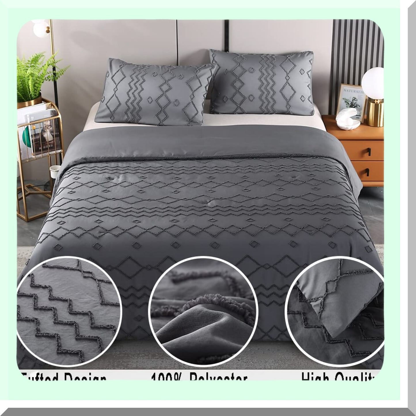Boho Chic Tufted Comforter Set - Dark Grey Embroidery Soft Fluffy Microfiber Down Alternative Bedding - 3 Piece All Season Bed Set