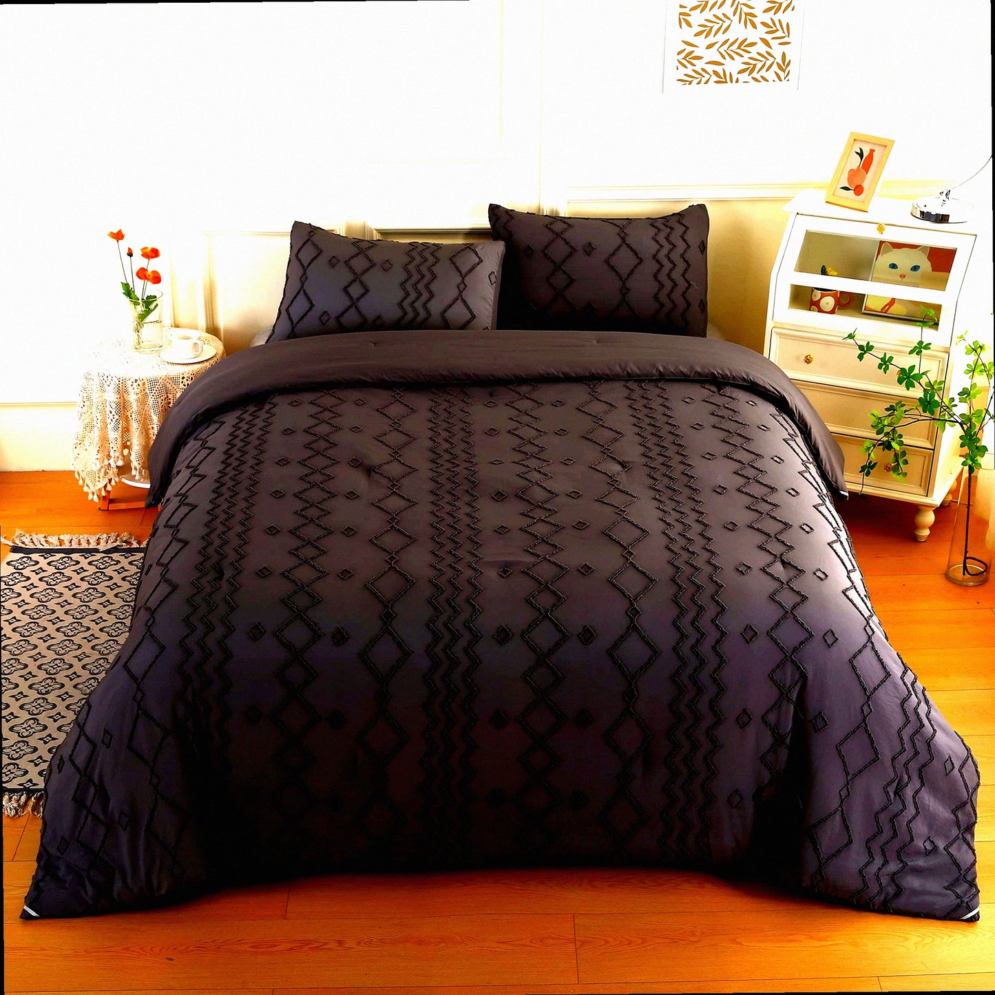 Boho Chic Tufted Comforter Set - Dark Grey Embroidery Soft Fluffy Microfiber Down Alternative Bedding - 3 Piece All Season Bed Set