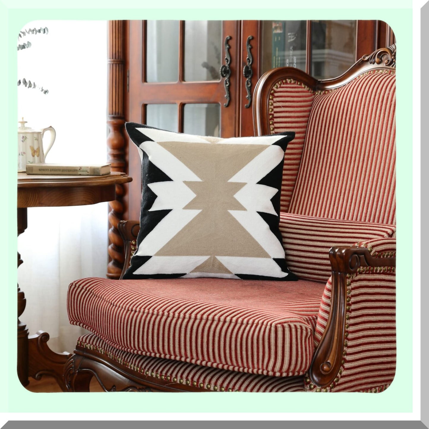 Monochrome Coffee Embroidered Boho Pillowcase - Geometric Farmhouse Cushion Cover for Sofa Bed - 18"x18"